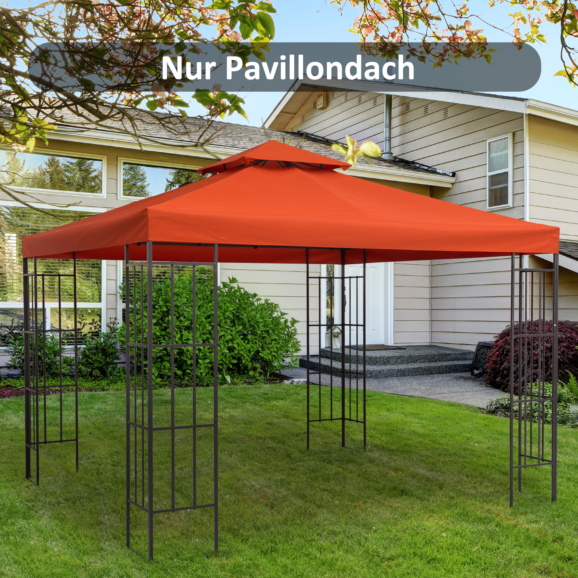 Ein orangefarbener Pavillon mit dunklem Rahmen in einem Garten. Der Hintergrund zeigt ein Haus und etwas grünes Gras.