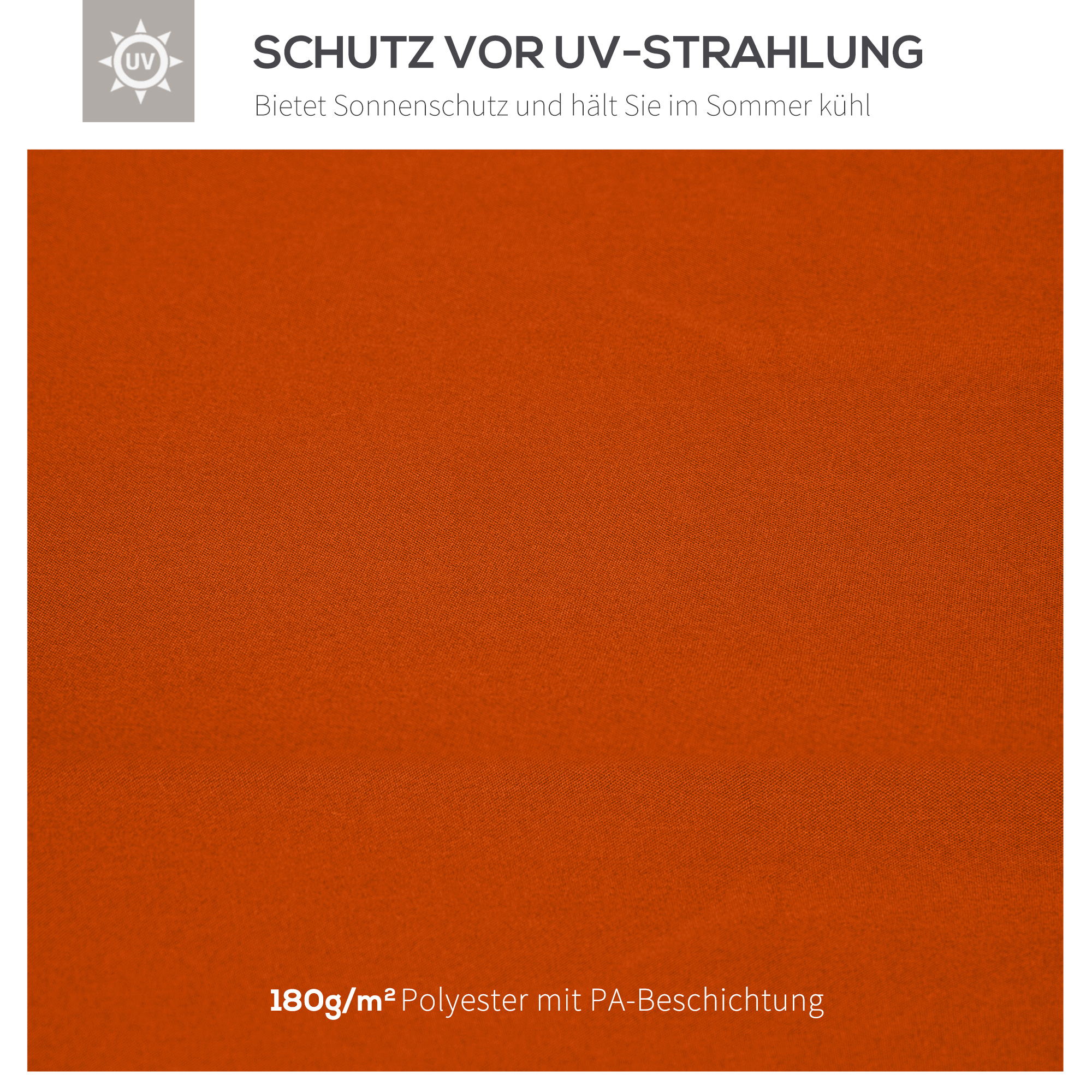 Nahaufnahme eines orangefarbenen Stoffes mit dem Text '180g/m² Polyester mit PA-Beschichtung'. Der Hintergrund ist weiß.