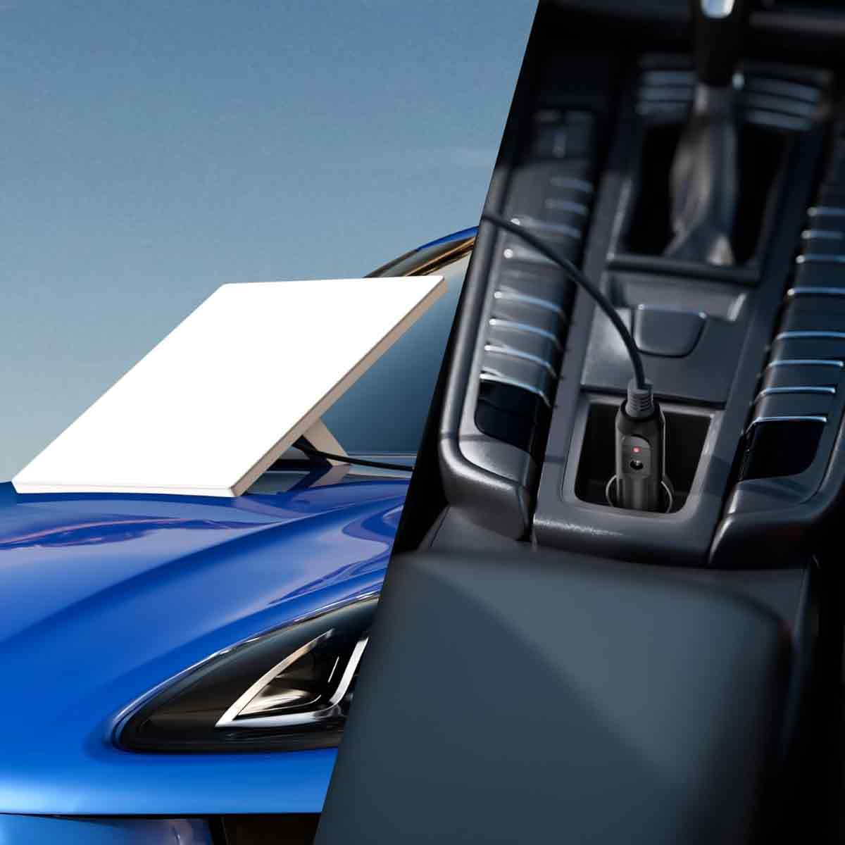 Ein weißes Solarpanel auf einem blauen Auto und ein Autointerieur mit eingestecktem Autoladegerät. Die Szene ist im Freien.