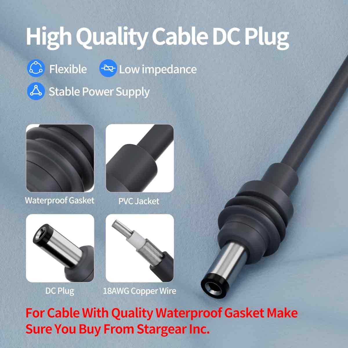 Nahaufnahme eines schwarzen Kabels mit DC-Stecker und Stecker, mit Text über Qualität und wasserdichte Dichtung.