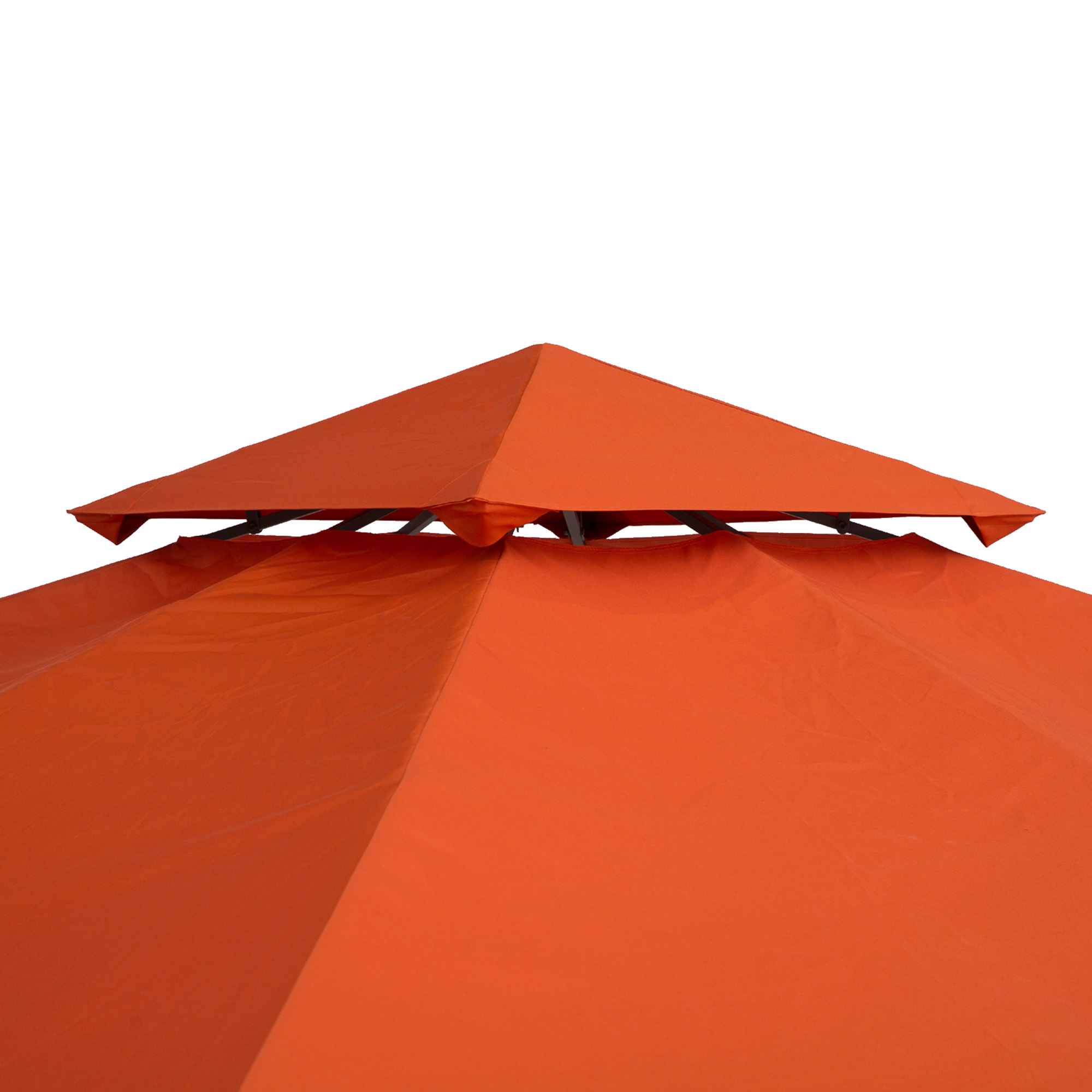 Ein orangefarbenes Zelt mit spitzem Dach und leicht geöffnetem Design wird vor weißem Hintergrund gezeigt.