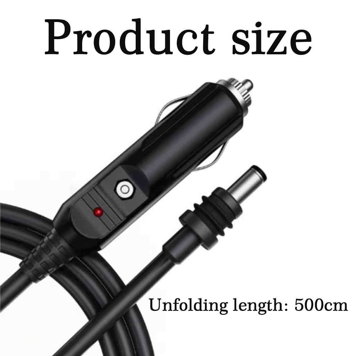 Schwarzes Autoladegerät mit einer Ausfaltungslänge von 500 cm. Das Produkt befindet sich auf einer weißen Oberfläche.