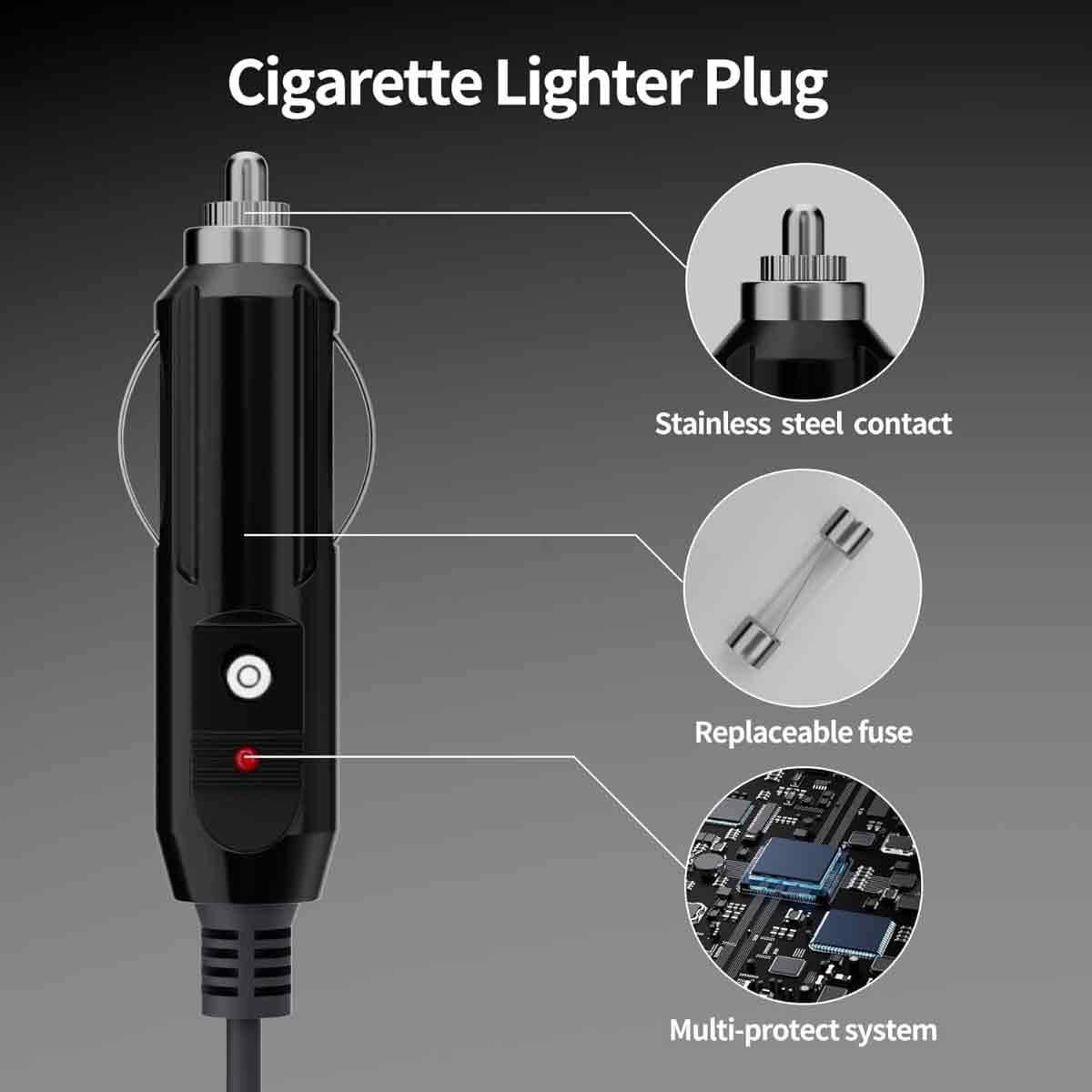 Schwarzes Autoladegerät mit rotem Licht, Edelstahlkontakt, austauschbarer Sicherung und einem Multi-Protect-System.