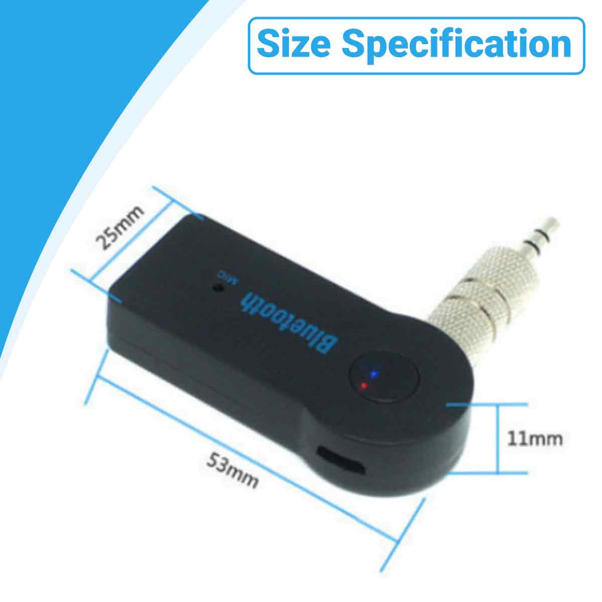 Schwarzer Bluetooth-Adapter mit Größenangaben. Er zeigt die Abmessungen in mm und hat einen 3,5-mm-Audioanschluss.