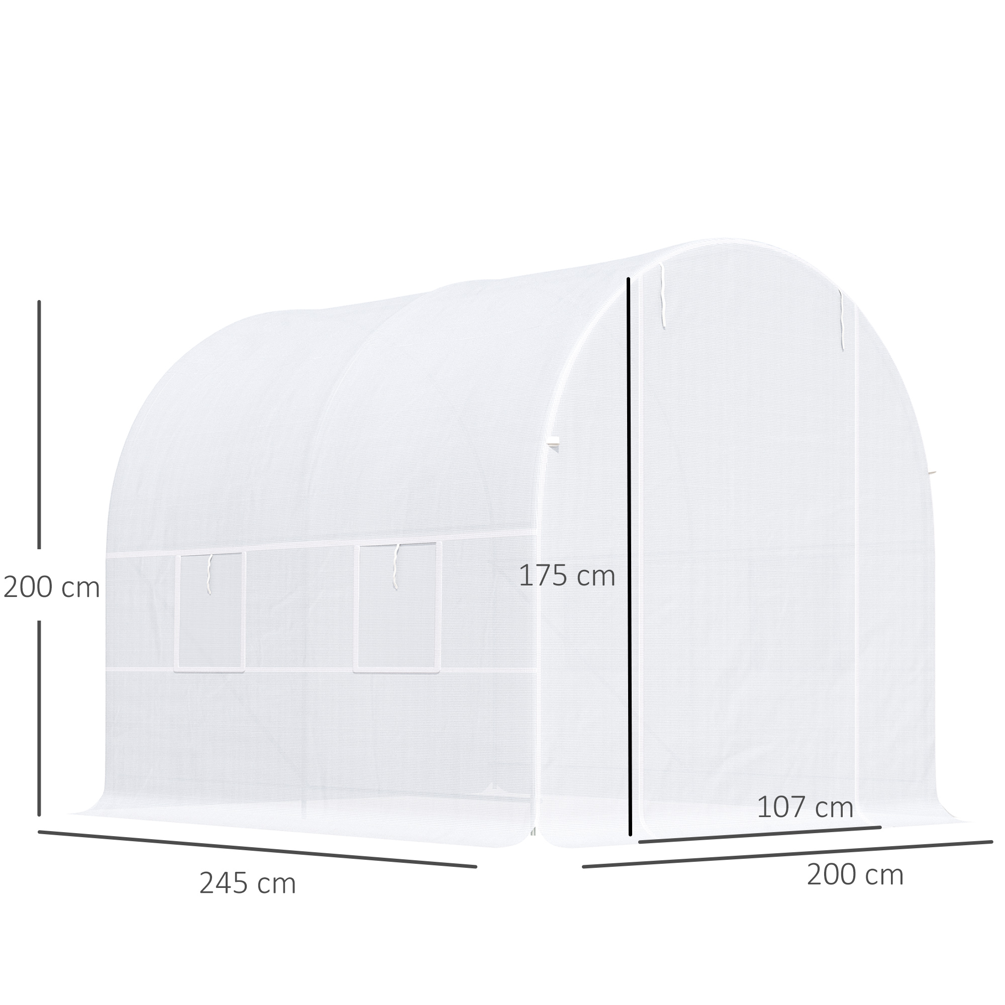 Un invernadero blanco, con dimensiones etiquetadas: 245 cm de ancho, 200 cm de alto y 200 cm de largo.