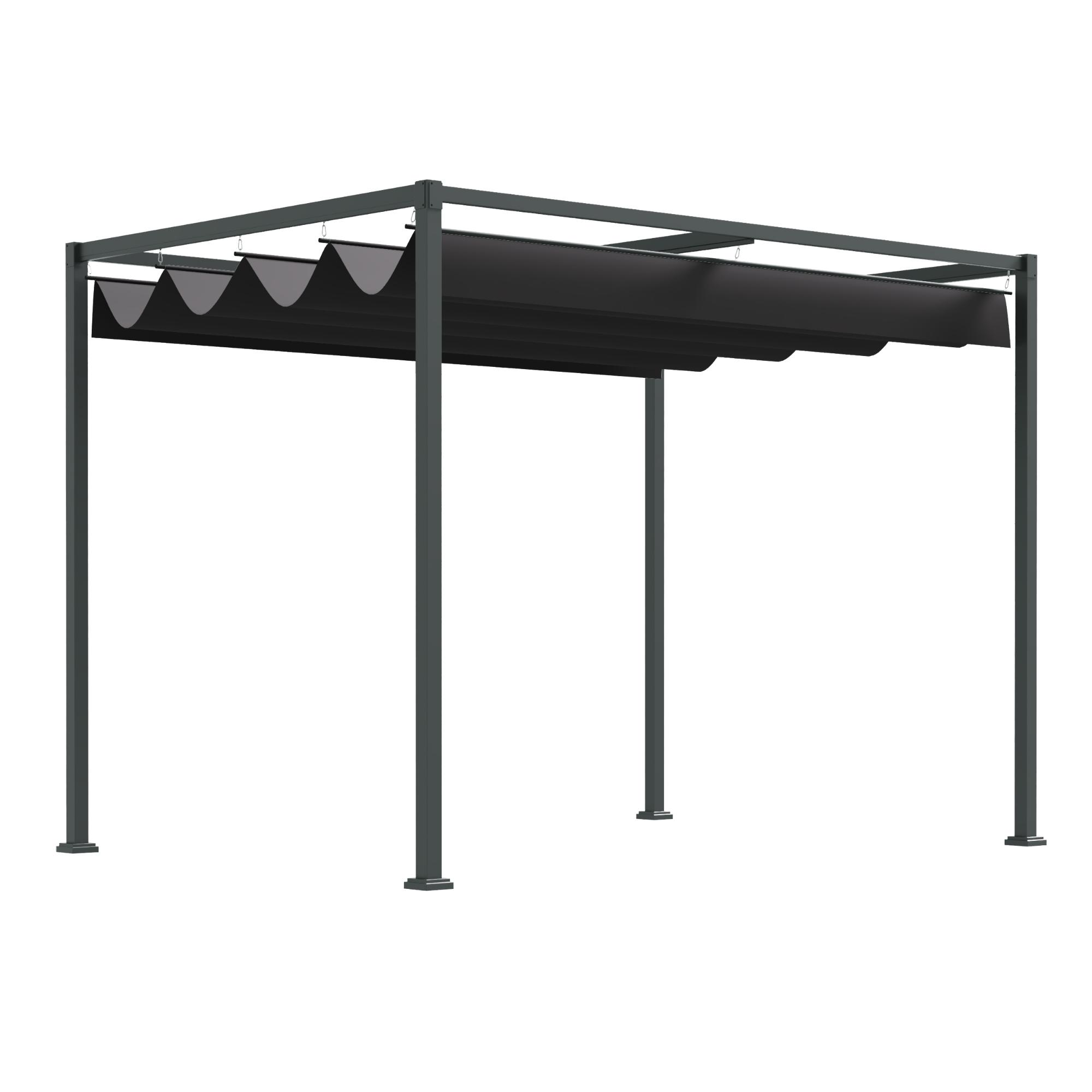 Graue Pergola mit schwarzem, einziehbarem Baldachin auf weißem Hintergrund.