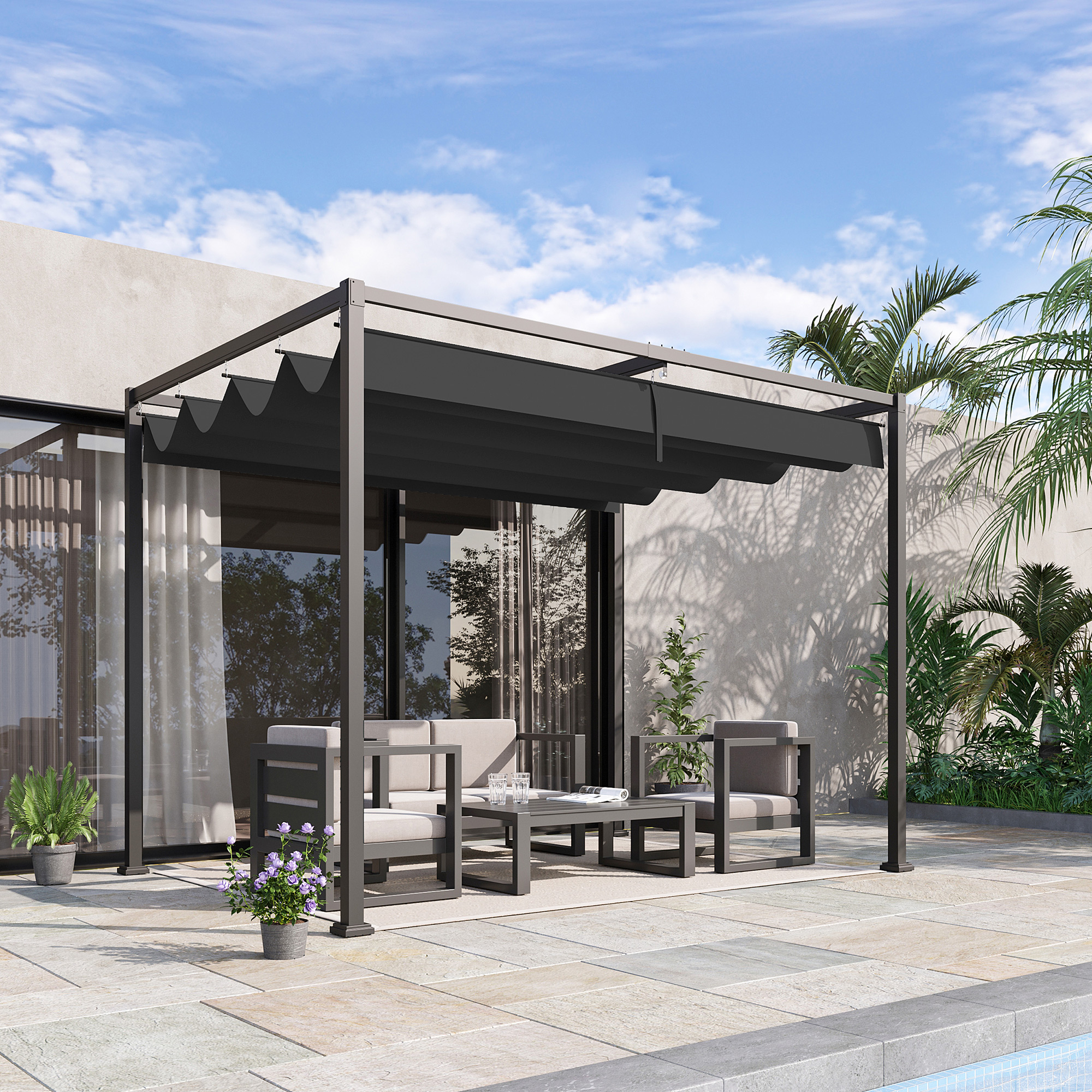 Pergola mit Möbeln auf einer Terrasse, mit blauem Himmel und Palmen.