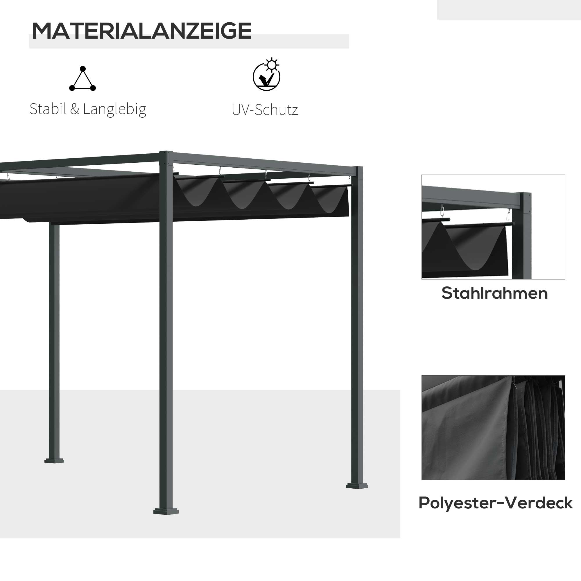 Ein schwarzer und grauer Outdoor-Pavillon, mit Seitendetails in separaten Ansichten. Der Text lautet 'Stahlrahmen' und 'Polyester-Verdeck'.