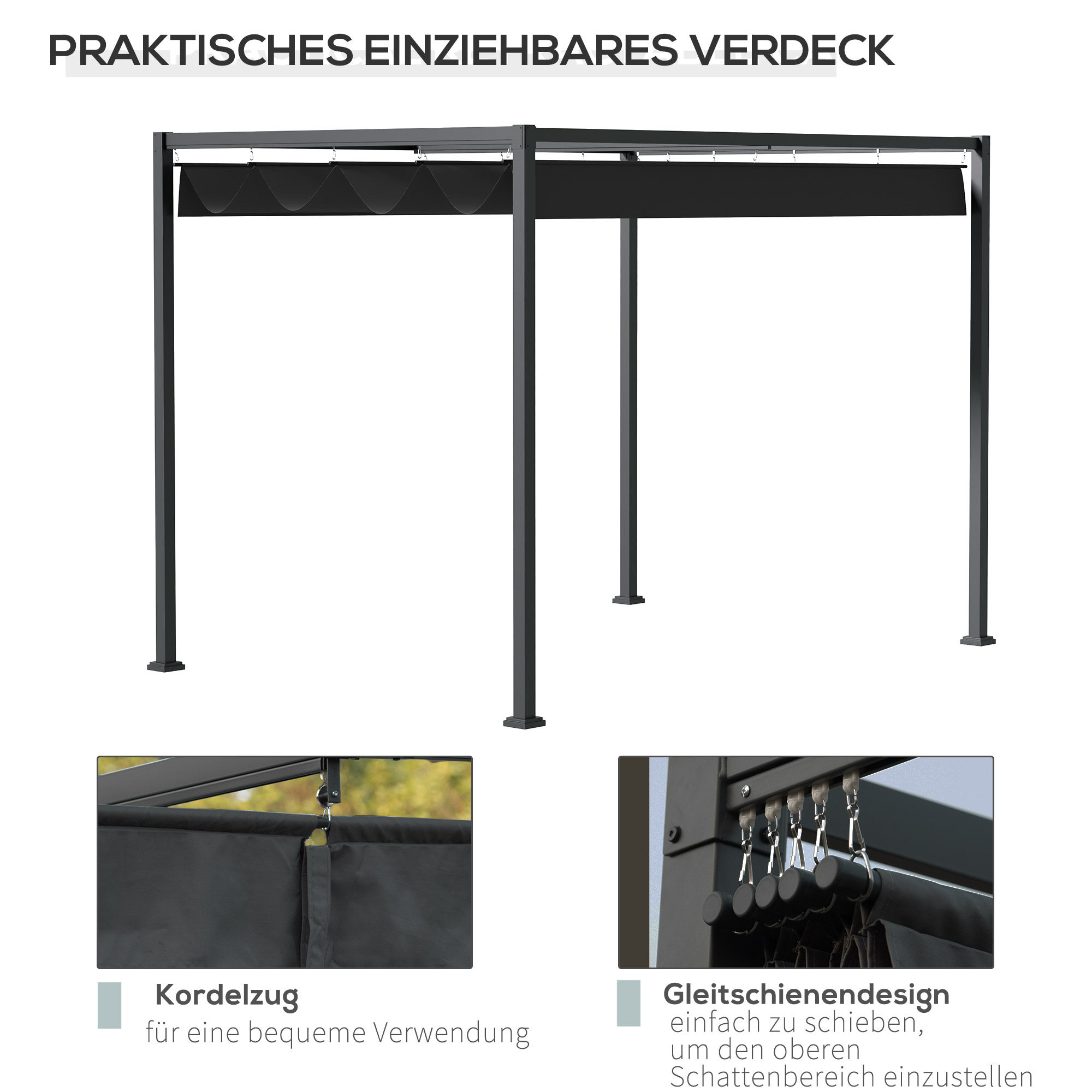 Ein Bild einer Pergola mit deutschem Text, das Details des Designs zeigt.