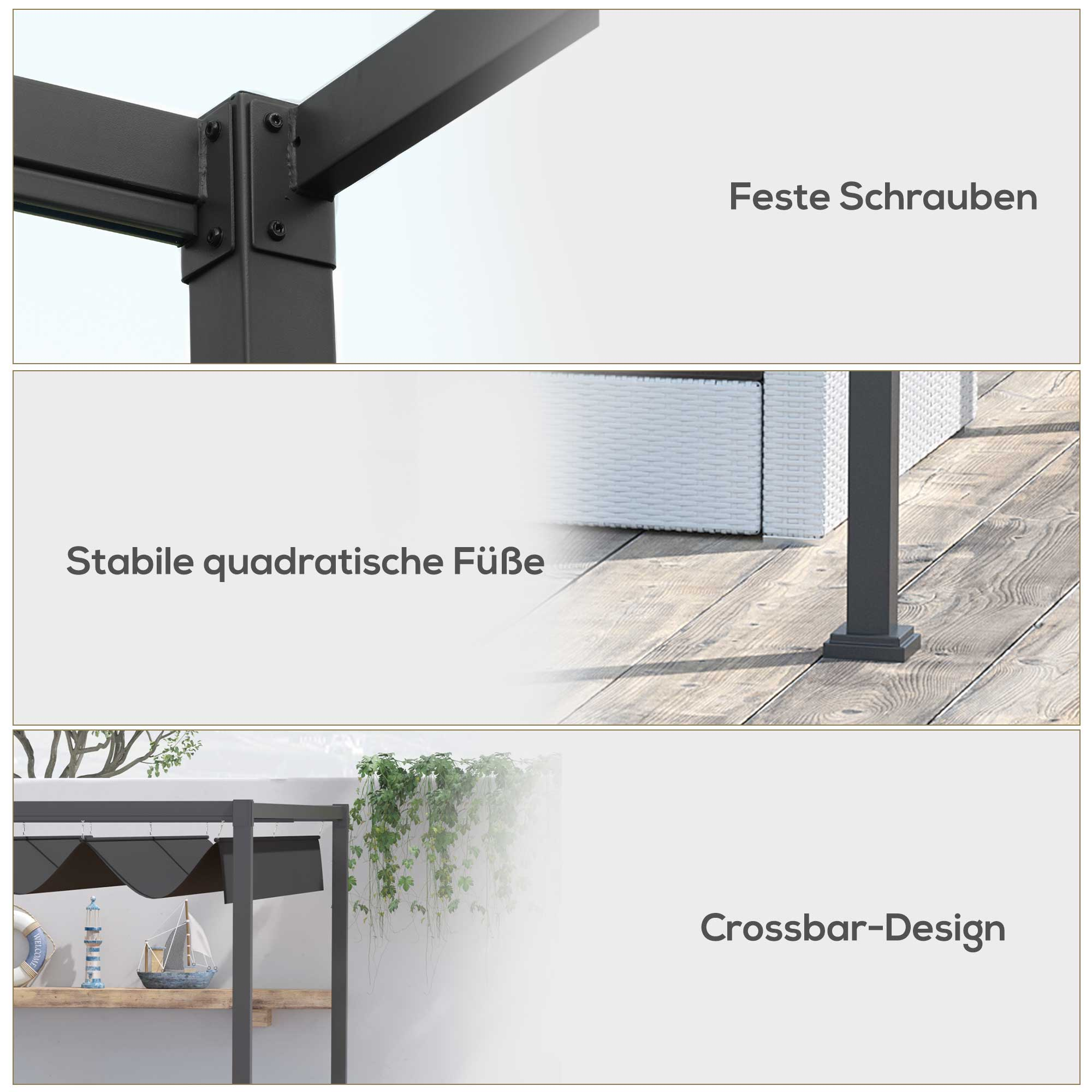 Nahaufnahmen von Details eines schwarzen Pavillons. Zeigt Schraubendetails, quadratische Füße und ein Querträgerdesign. Texte auf Deutsch.