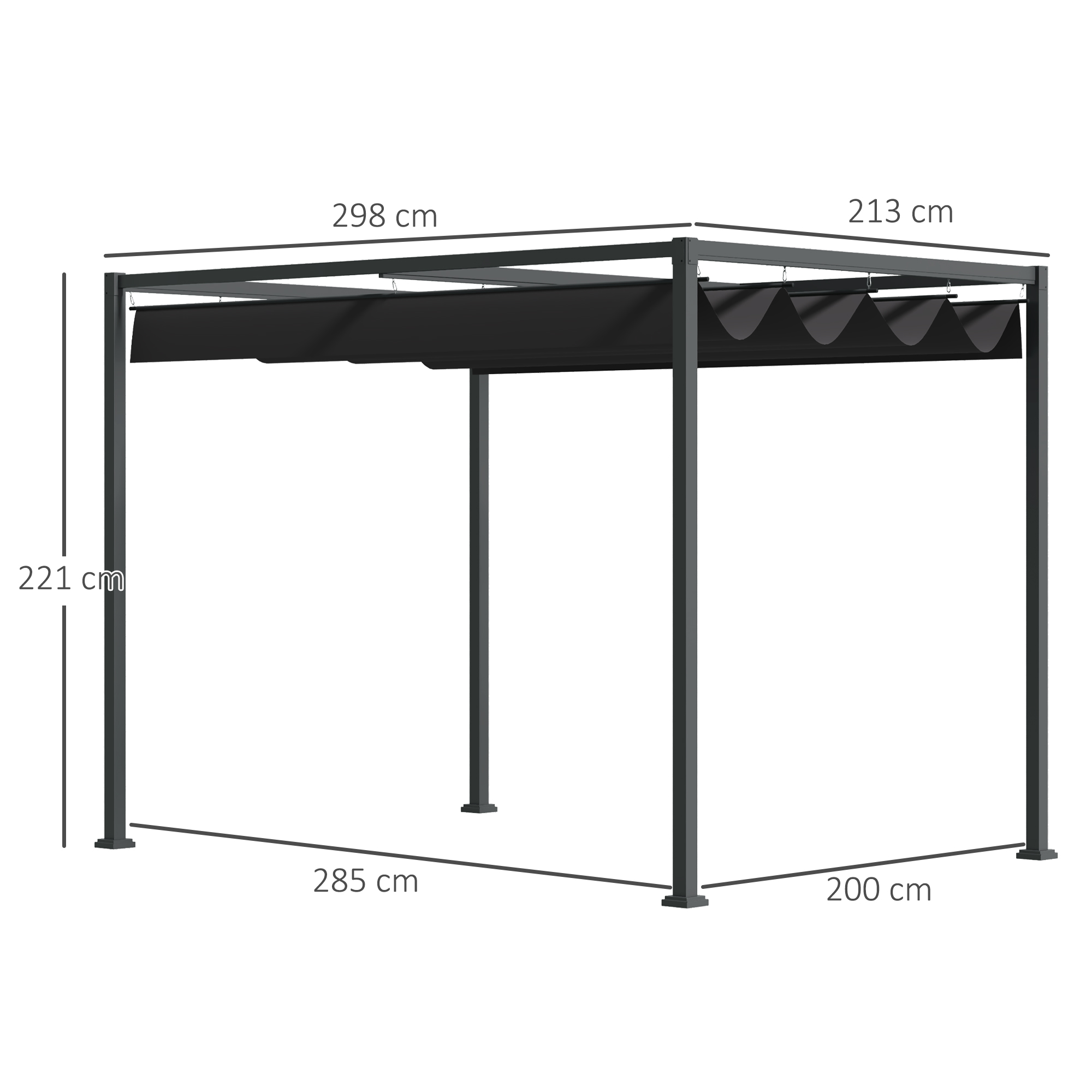 Graue Pergola mit cm-Maßen, schwarzem, einziehbarem Baldachin.