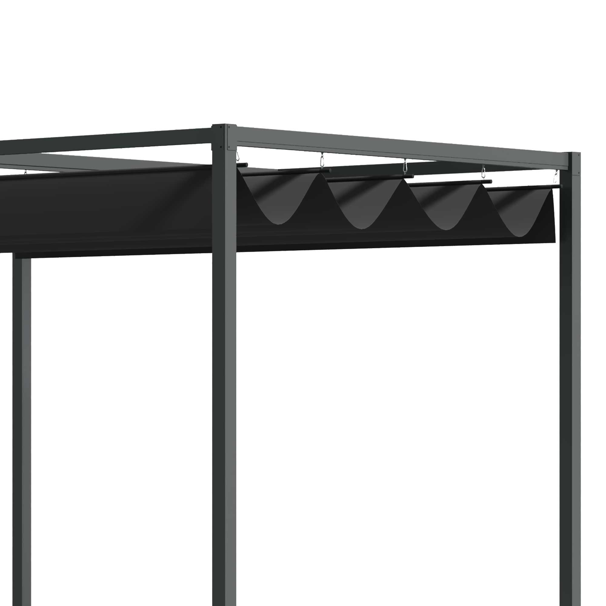 Nahaufnahme einer grauen Pergola mit schwarzem, einziehbarem Baldachin auf Weiß.