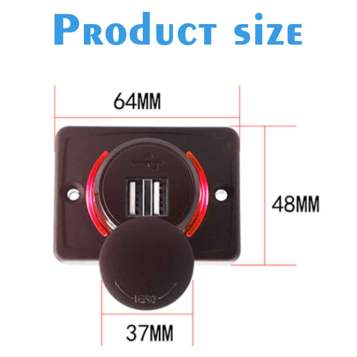 Eine schwarze USB-Ladebuchse mit beschrifteten Abmessungen, mit roten Kreislichtern.