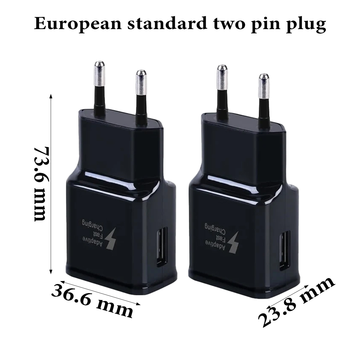 Zwei schwarze Wandladegeräte mit europäischen Steckern. Jedes misst 73,6 mm x 36,6 mm x 23,8 mm, mit 'Adaptive Fast Charging'.
