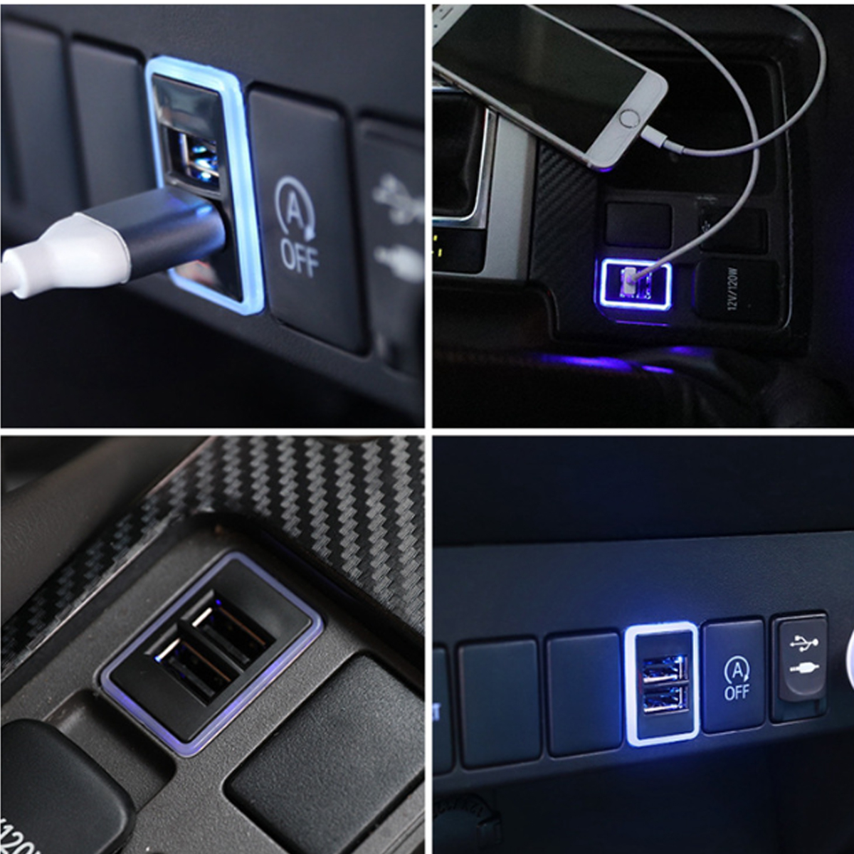 Eine Collage von vier Bildern, die USB-Ladegeräte in verschiedenen Autokonsolen zeigen, blau leuchtend.