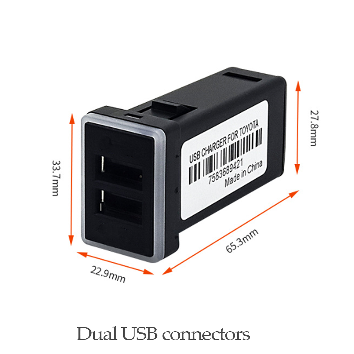 Ein duales USB-Ladegerät mit Maßen und Text, der darauf hinweist, dass es sich um ein USB-Ladegerät für Toyota handelt.