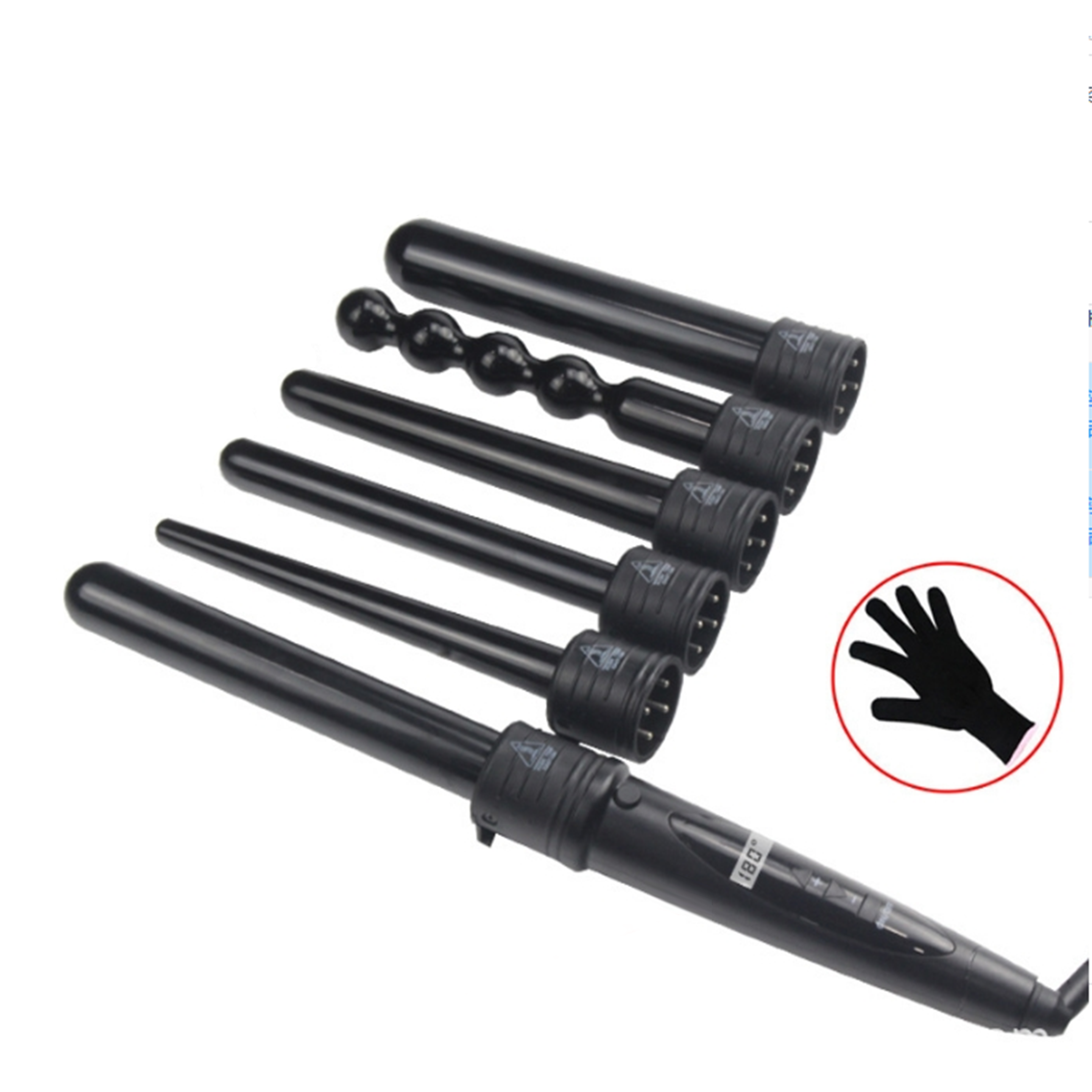 Ein Satz schwarzer Lockenstäbe mit unterschiedlichen Laufformen. Es gibt auch einen schwarzen hitzebeständigen Handschuh.
