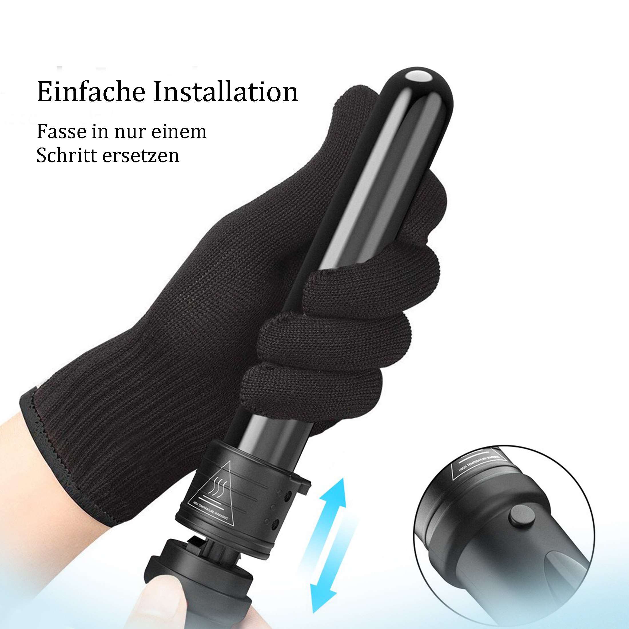 Eine behandschuhte Hand ersetzt einen Stylingstab an einer schwarzen Lockenstabbasis. Anleitung lesen: Einfache Installation.