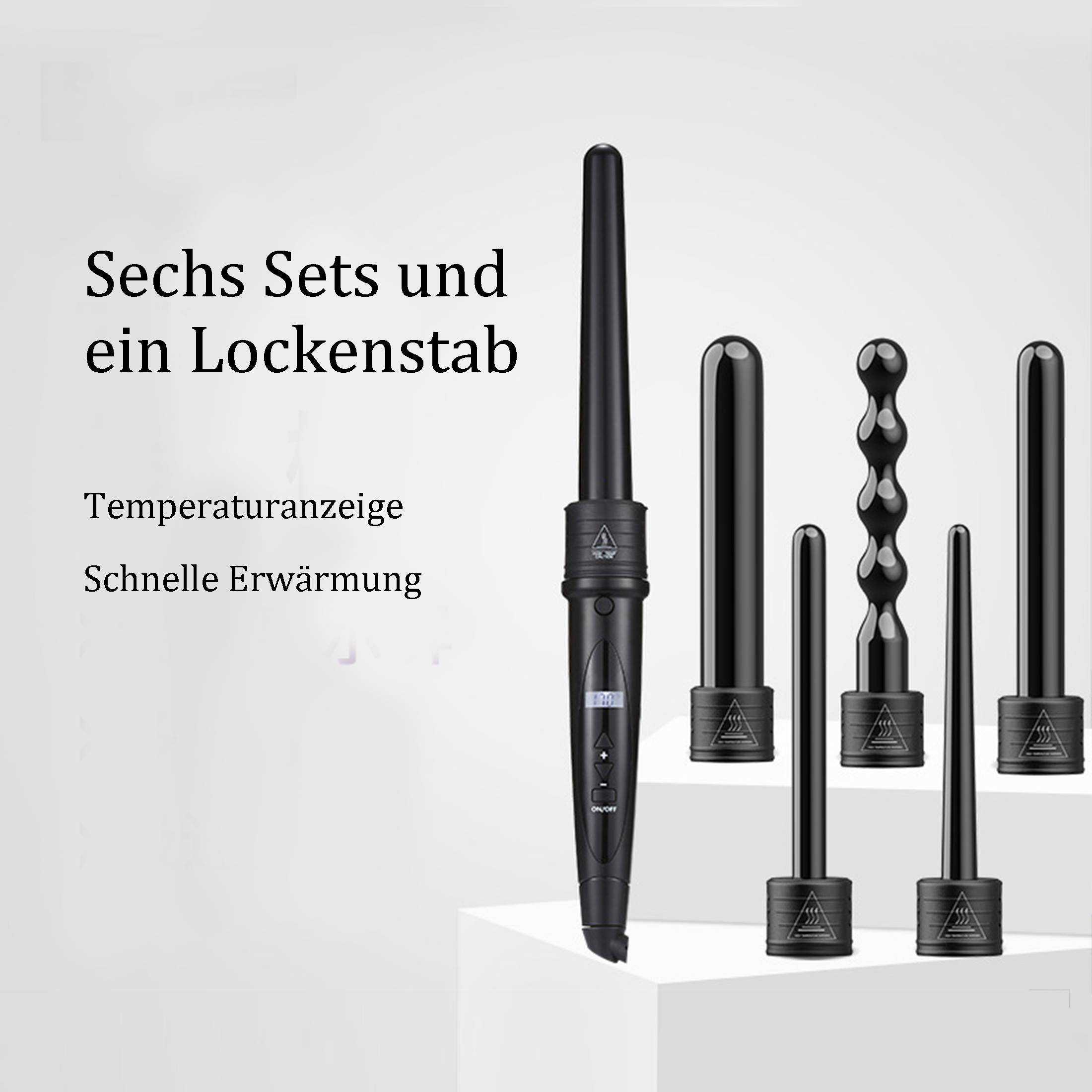 Ein Set aus sechs Lockenstäben in verschiedenen Formen neben einem Lockenstab mit Digitalanzeige.