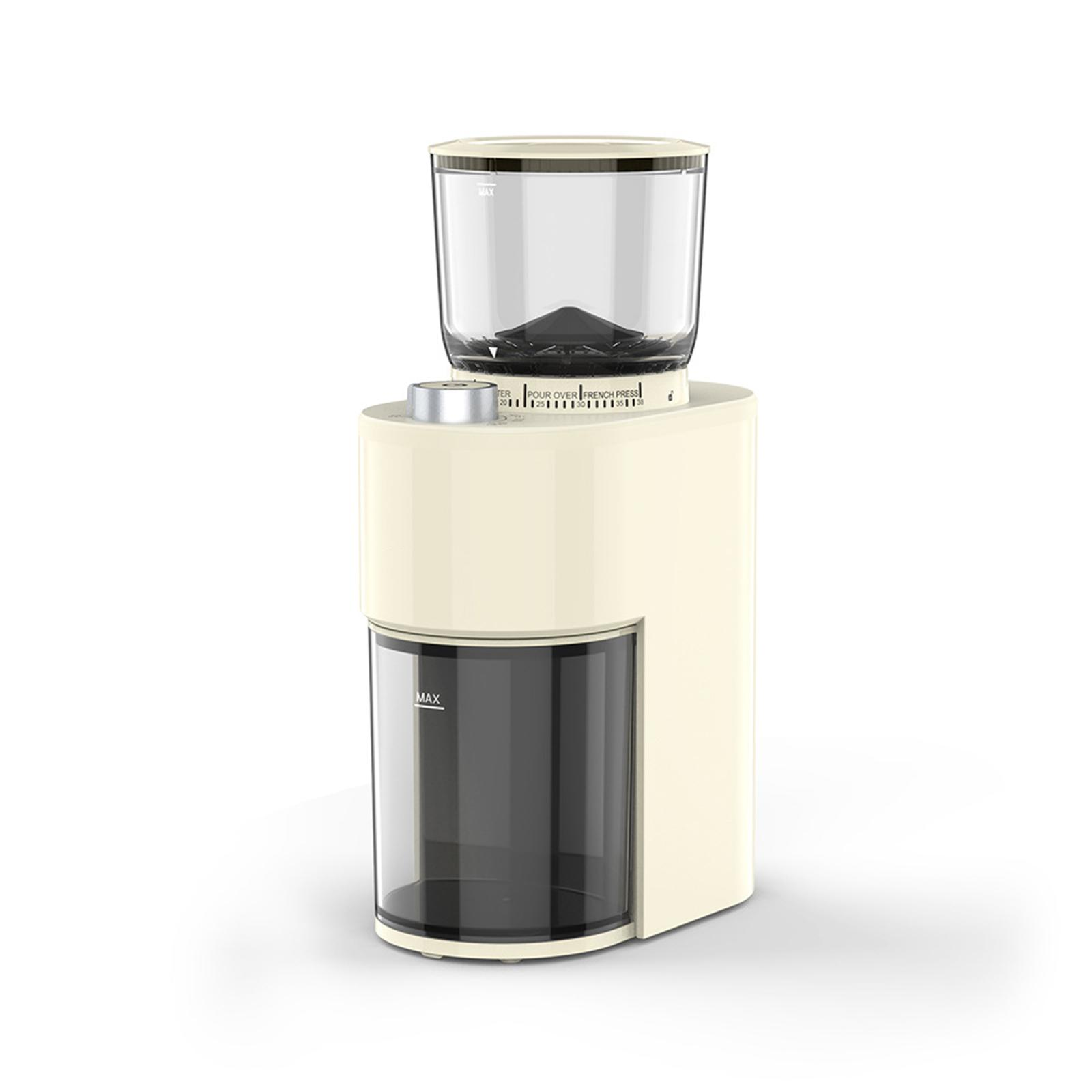 Eine cremefarbene Kaffeemühle mit zwei transparenten Behältern, einer für Bohnen, der andere für Mahlgut.