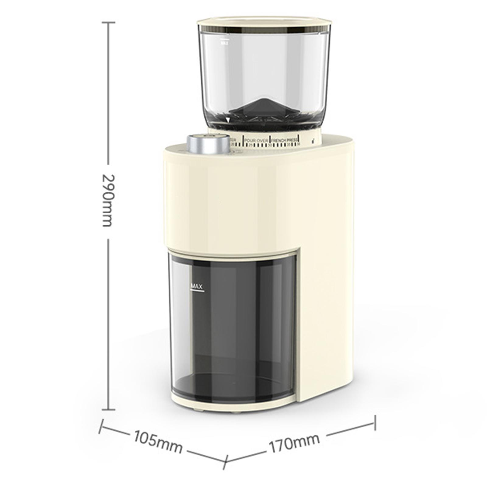 Cremefarbene Kaffeemühle mit Abmessungen: 290 mm Höhe, 105 mm Breite und 170 mm Tiefe.