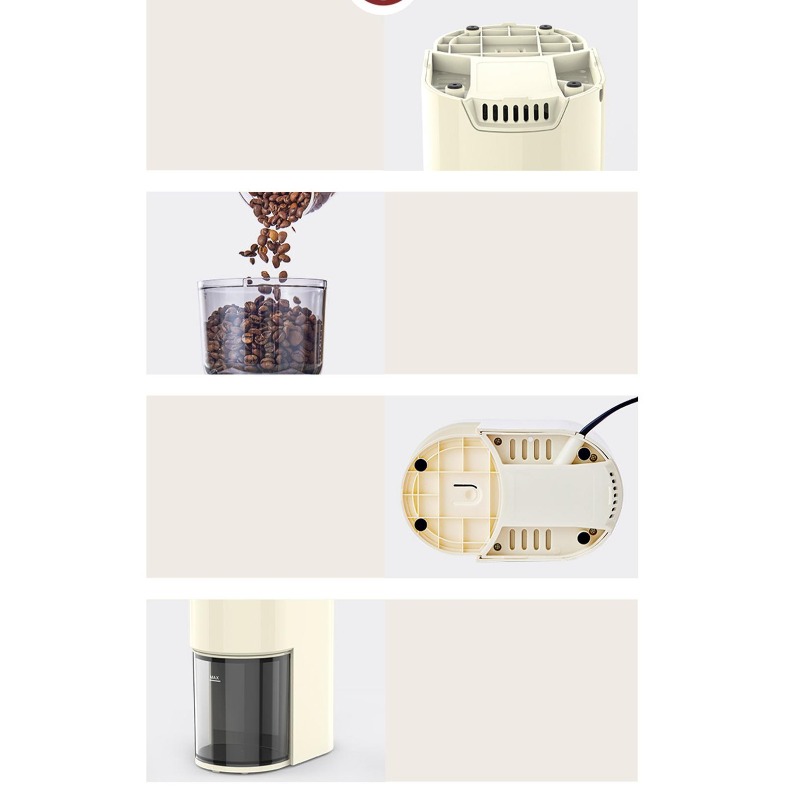 Vier Bilder, die Teile einer Kaffeemühle zeigen: oben, Bohnen gießen, Basis und Seitenansicht.