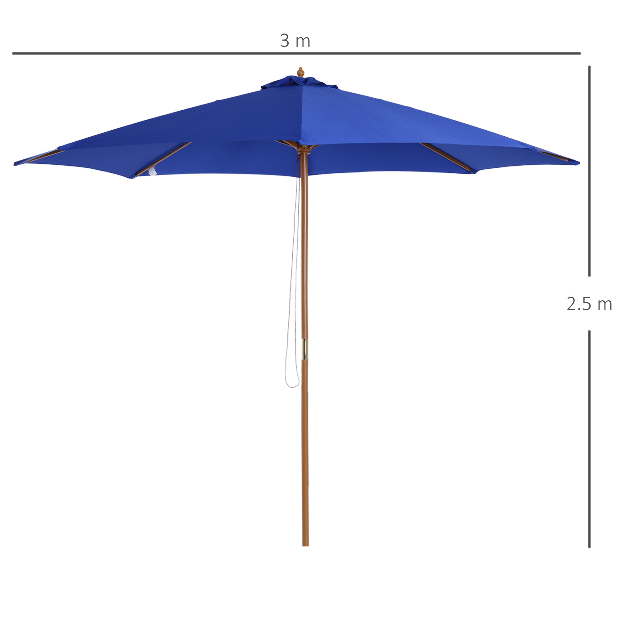 Ein 3 Meter breiter blauer Terrassenschirm mit einer Höhe von 2,5 Metern.
