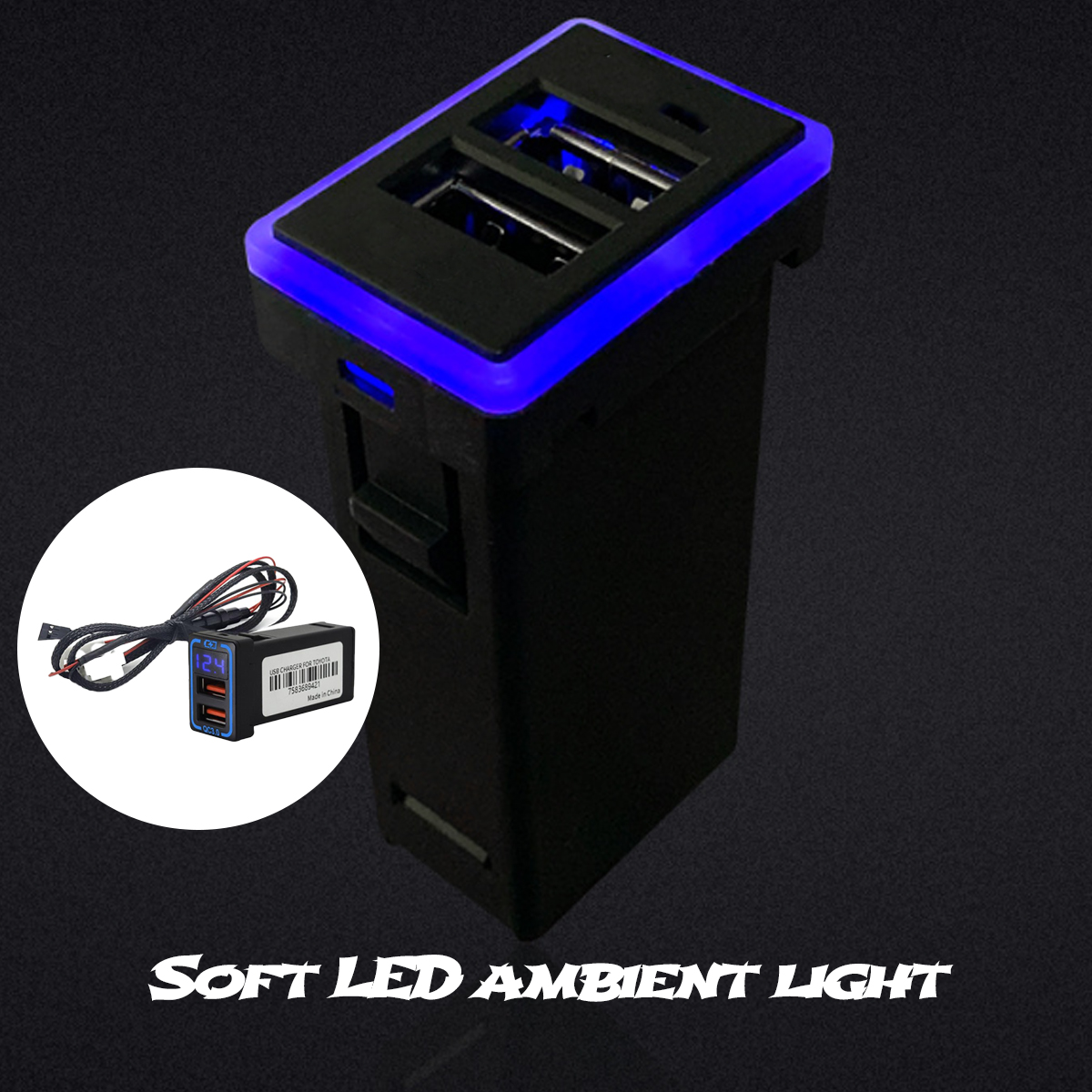 Schwarzes USB-Ladegerät mit blauem LED-Licht und kleiner Platine.