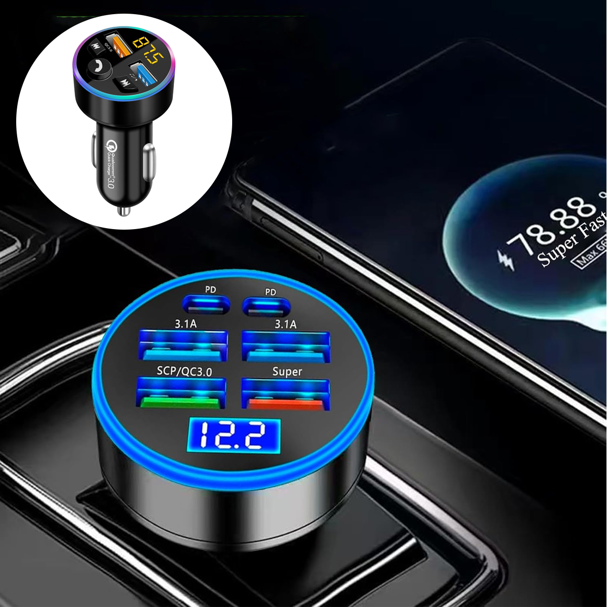 Schwarzes Autoladegerät mit mehreren USB-Anschlüssen und Display.