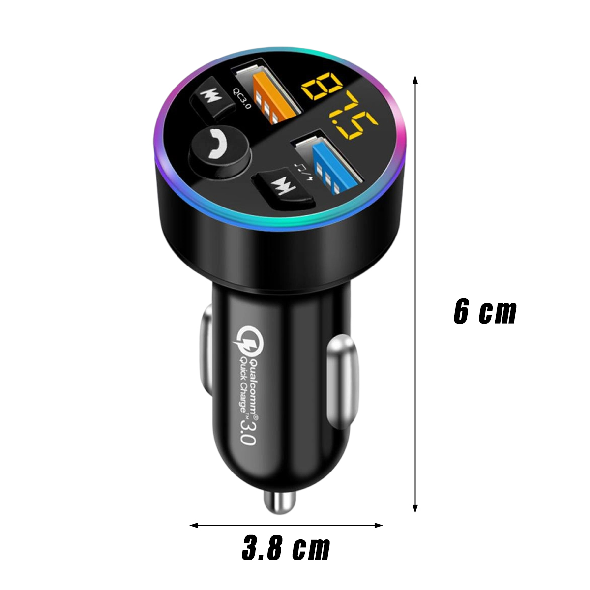 Ein schwarzes Autoladegerät mit digitaler Anzeige 87,5. Es hat USB-Anschlüsse und Ladesymbole.