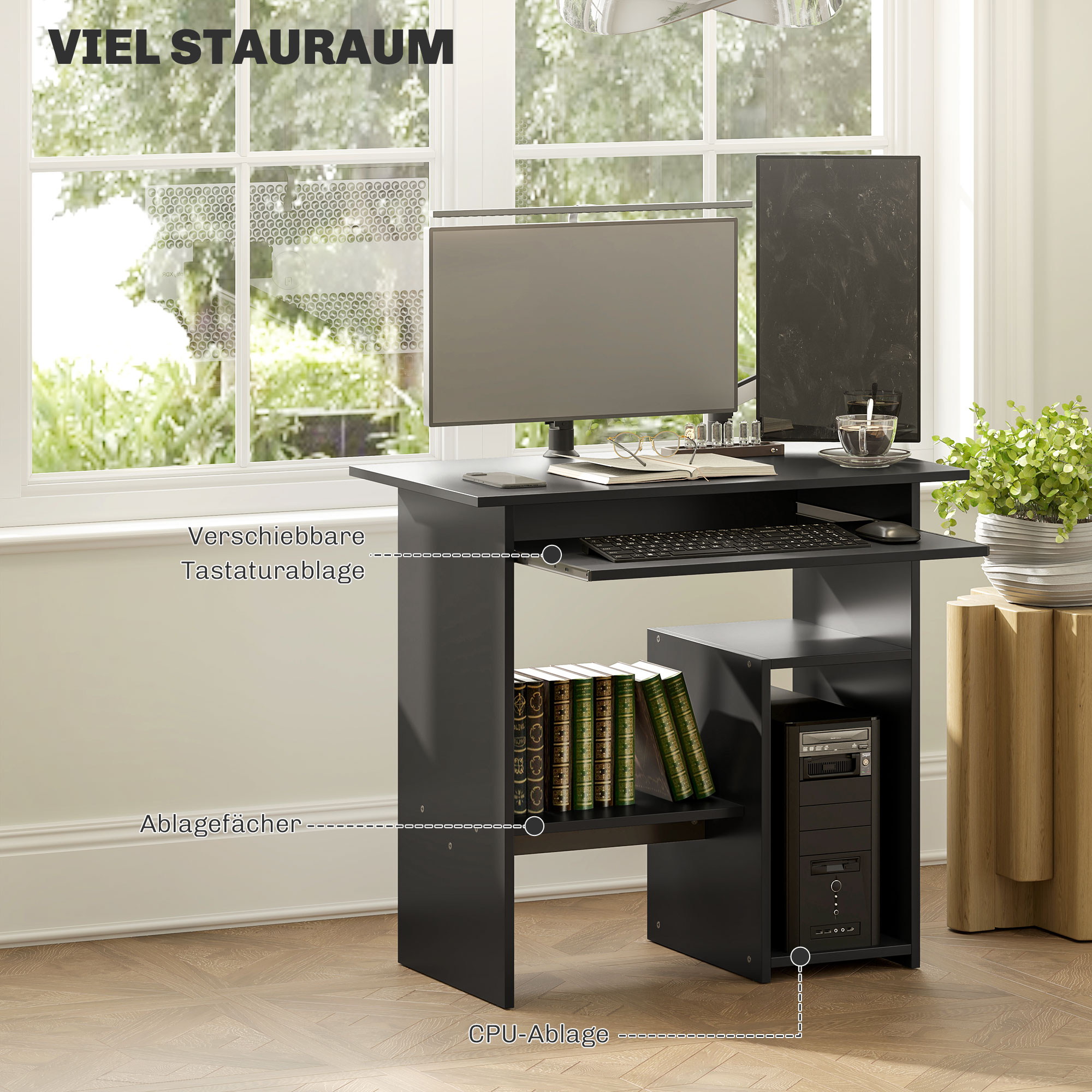 Schwarzer Schreibtisch mit Computer und Zubehör. Er hat eine Tastaturablage und Regale zur Aufbewahrung.