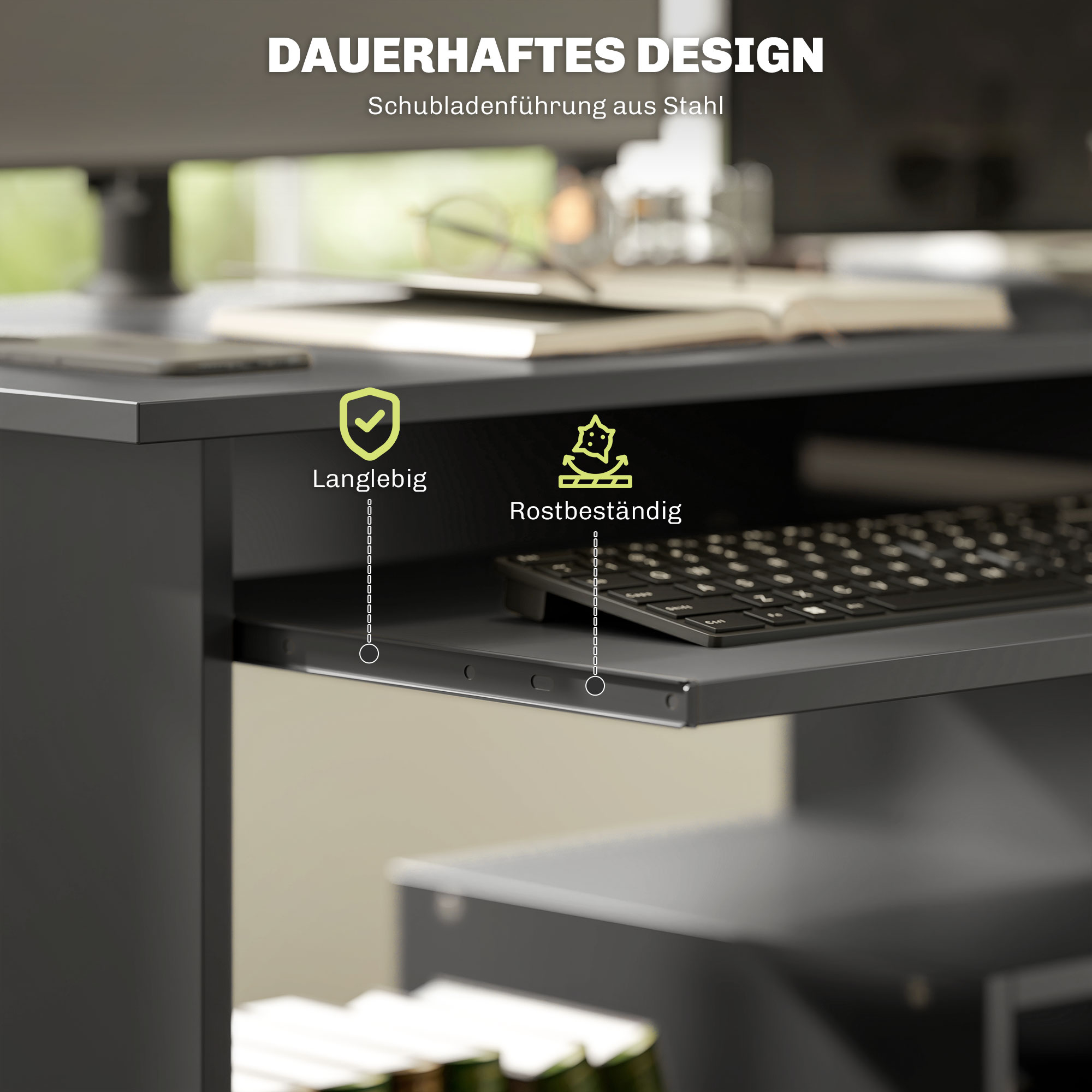 Nahaufnahme eines schwarzen Schreibtisches mit Tastaturablage und Text.