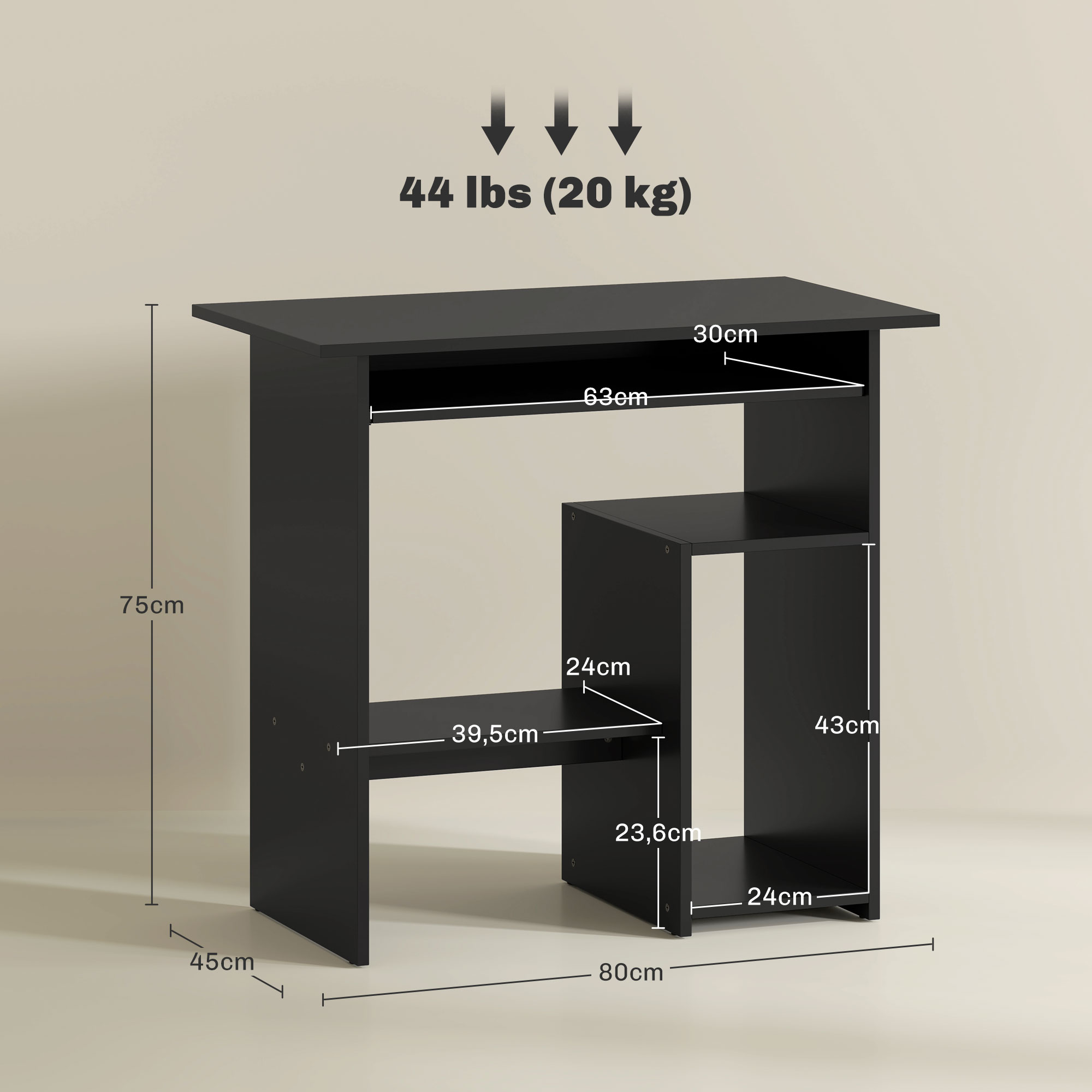 Schwarzer Schreibtisch mit Maßen. Der Schreibtisch hat eine Tastaturablage und ein separates Regal.