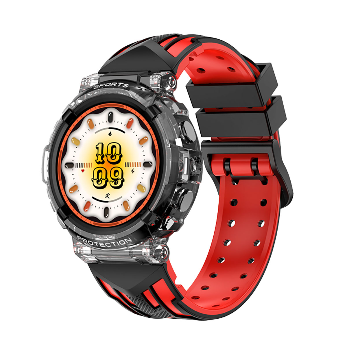 Une smartwatch sportive avec un bracelet rouge et un boîtier noir transparent indiquant l'heure.