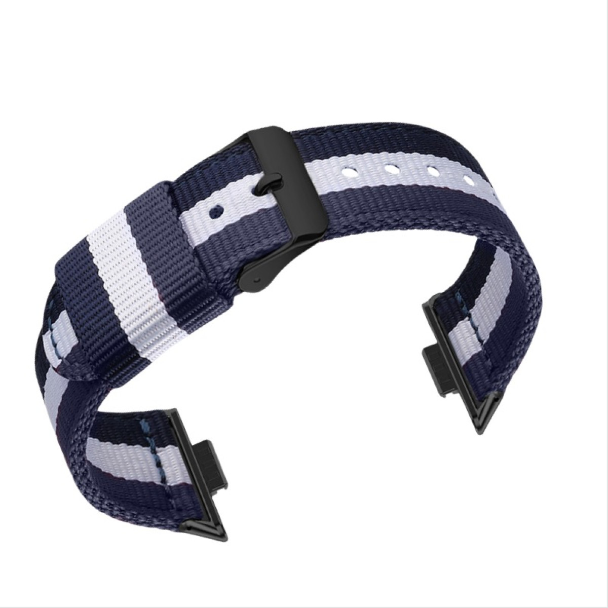 Blau-weiß gestreiftes Uhrenarmband mit schwarzer Schnalle.
