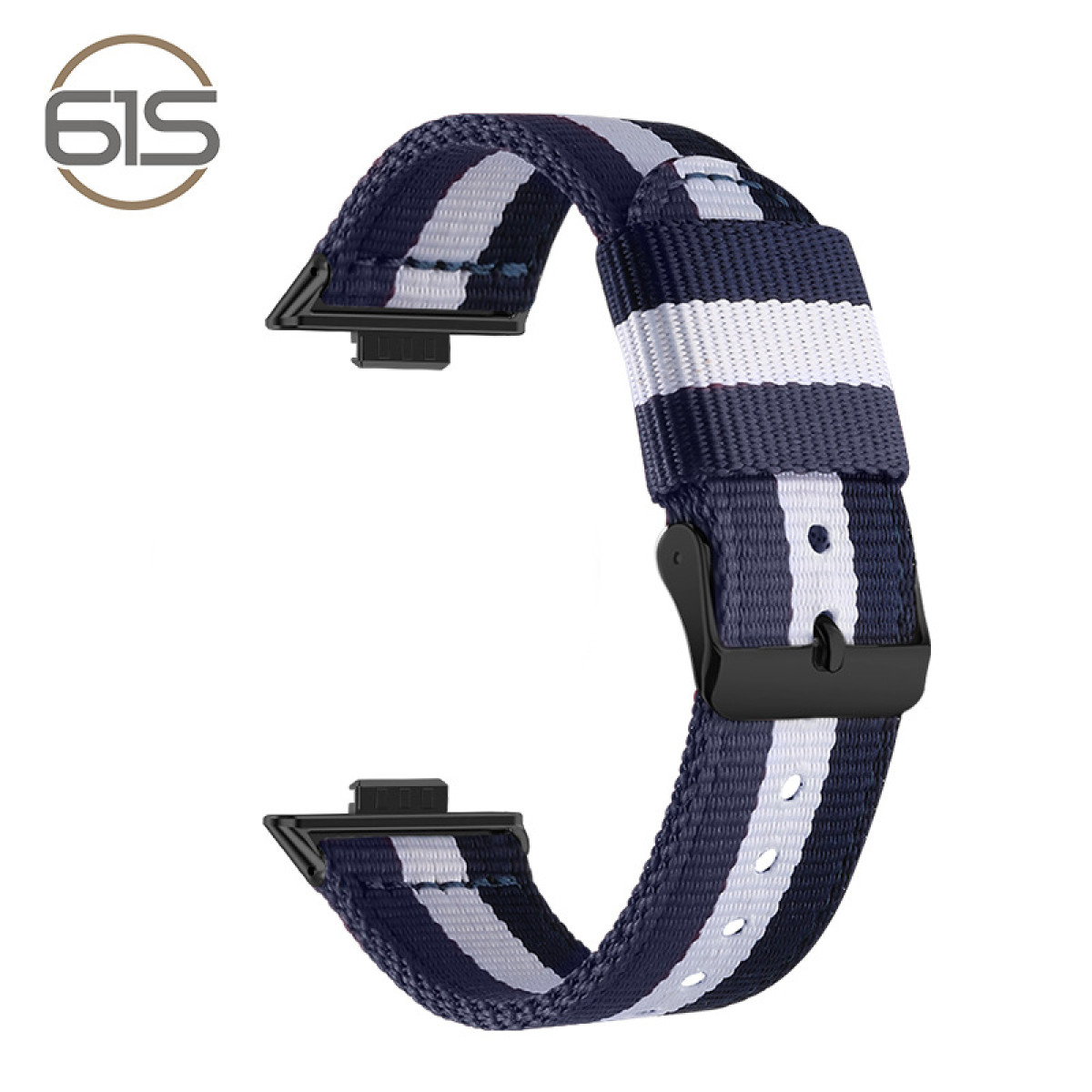 Ein blau-weiß gestreiftes Uhrenarmband mit schwarzer Schnalle und schwarzen Anschlüssen. Das Markenlogo ist oben links.