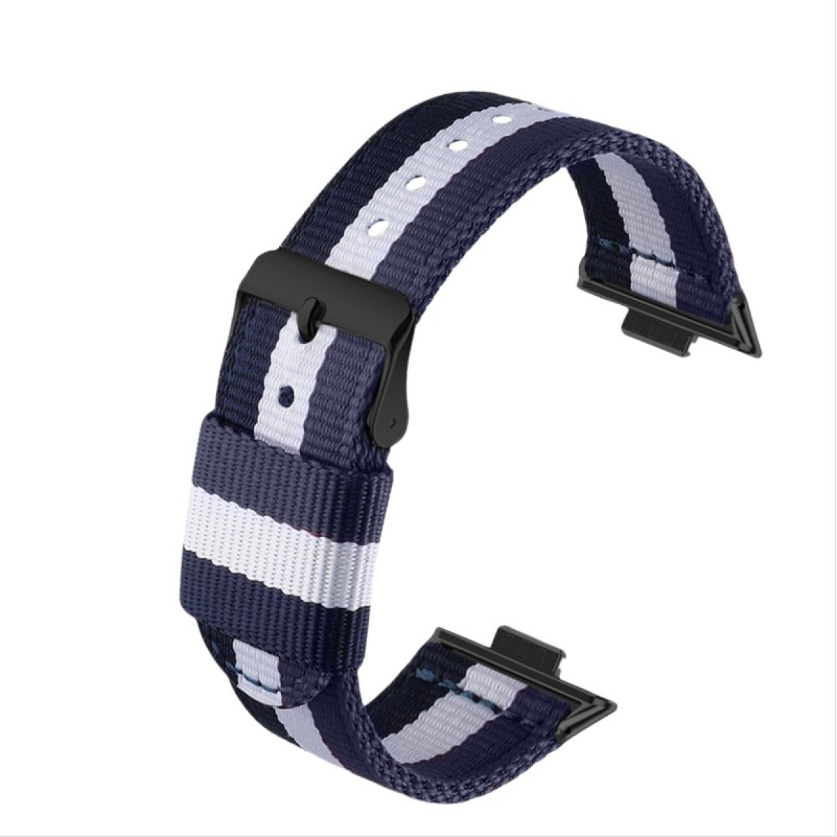 Ein Uhrenarmband mit marineblauen und weißen Streifen, schwarze Schnalle.