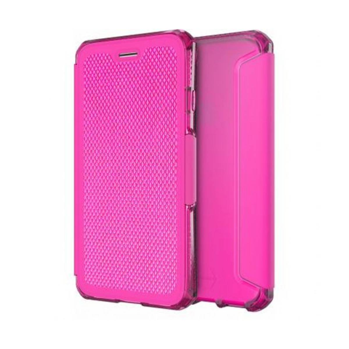 Una custodia rosa per telefono con cover anteriore strutturata e posteriore liscia.