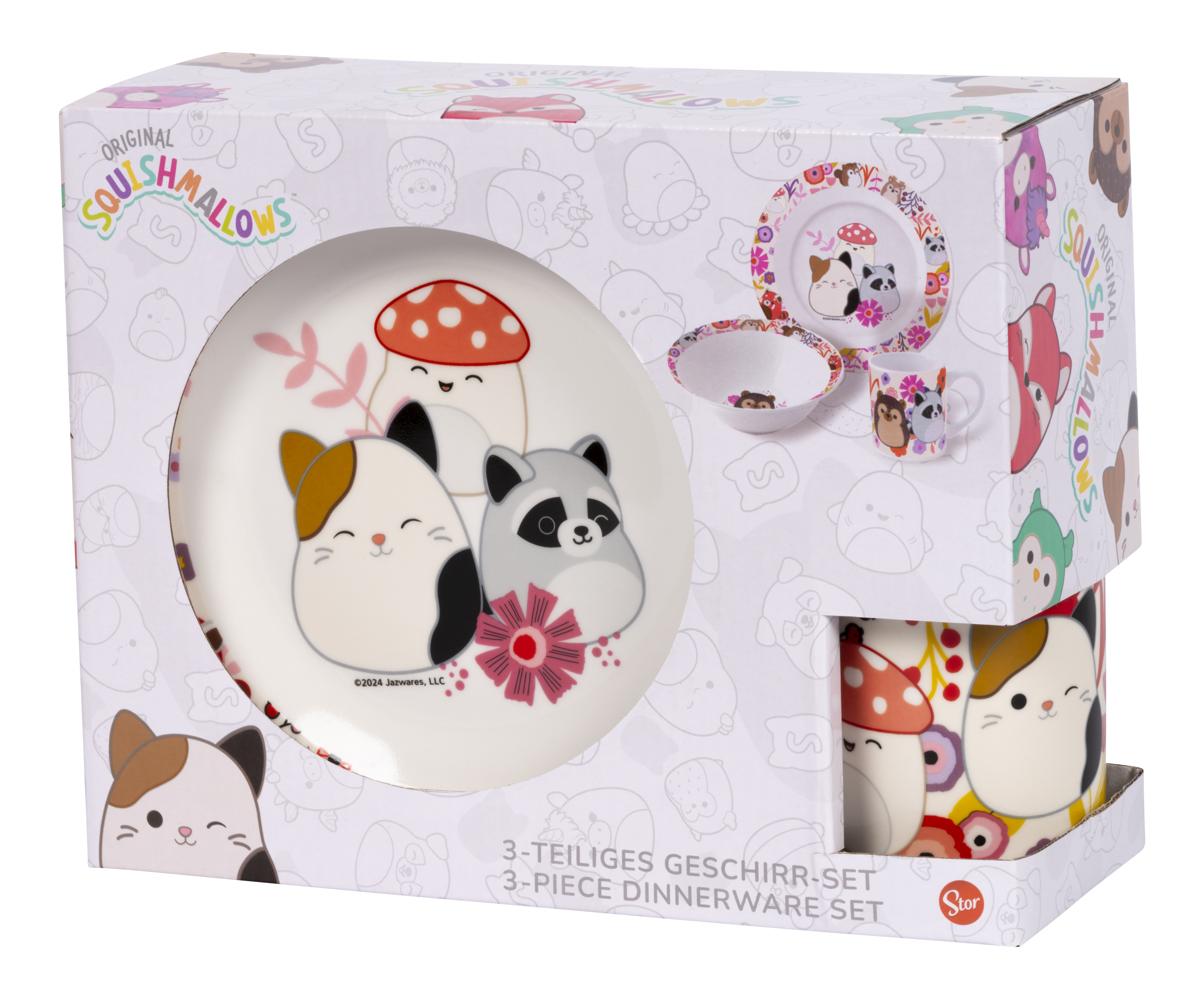 Ein Box-Set mit drei Keramikgeschirren und einer Tasse mit Pilz-, Katzen- und Waschbär-Designs.