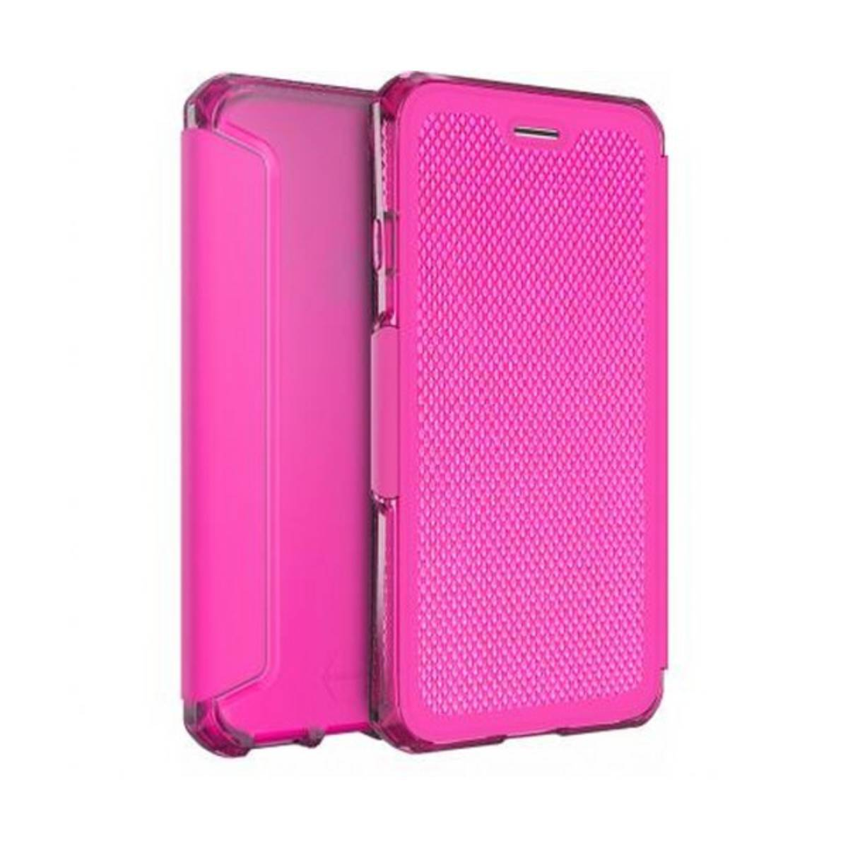 Una custodia rosa per telefono con cover anteriore strutturata e posteriore liscia.