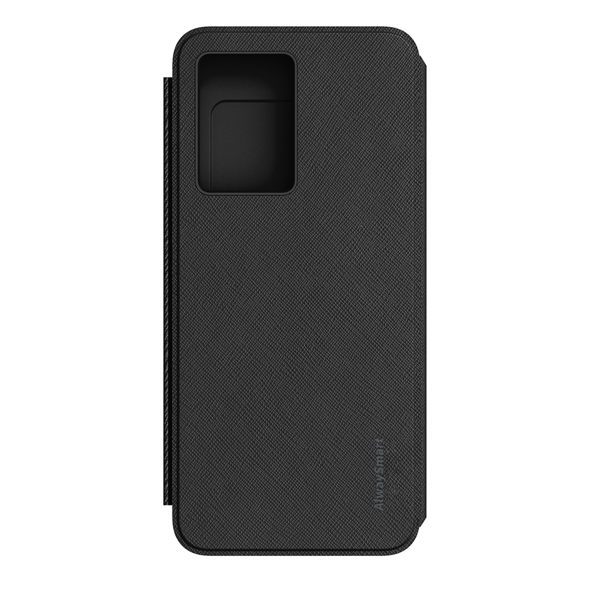 Custodia per telefono nera con ritaglio fotocamera aperto, superficie strutturata.