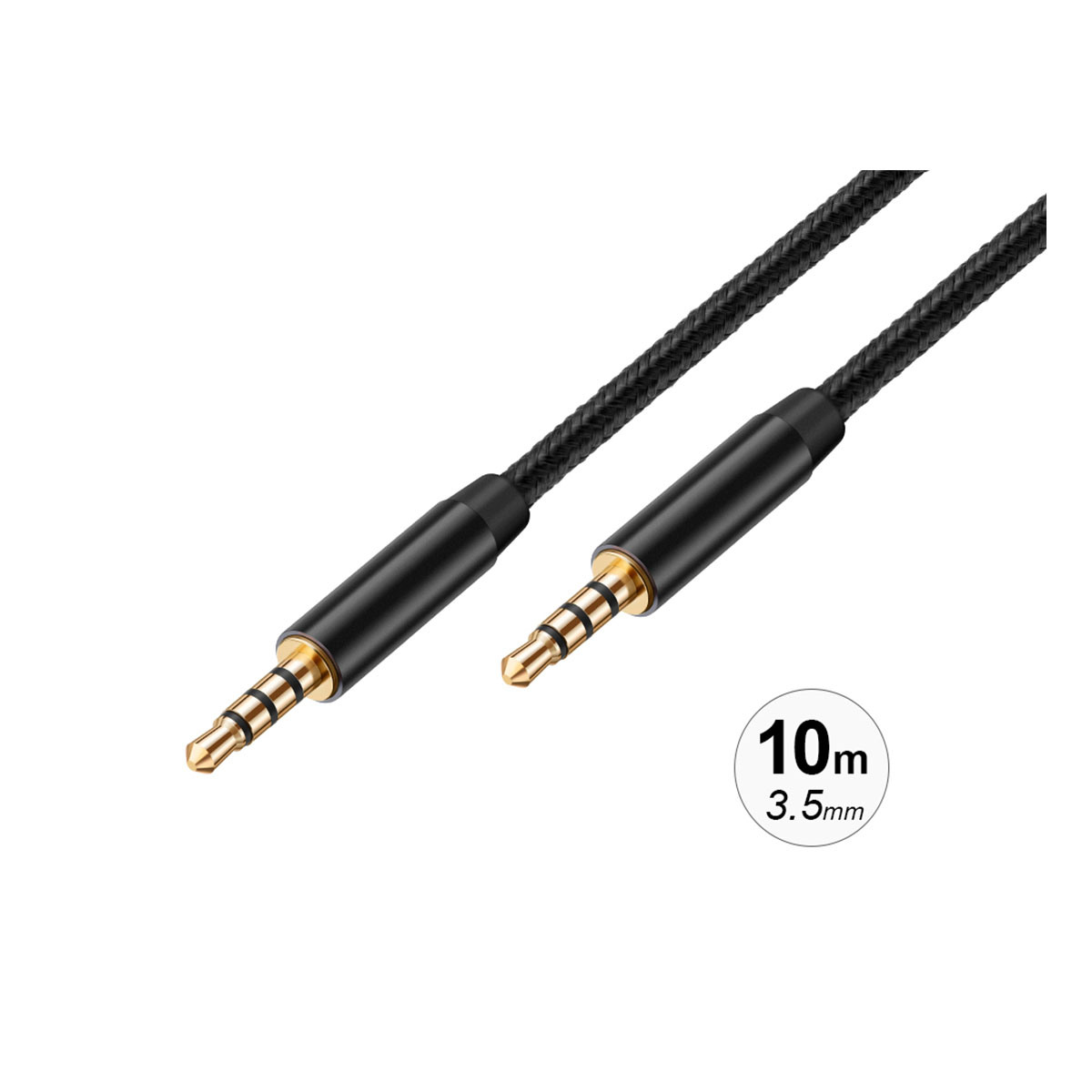 Schwarzes und goldenes Audiokabel mit 3,5-mm-Anschlüssen, 10m 3,5mm Text.