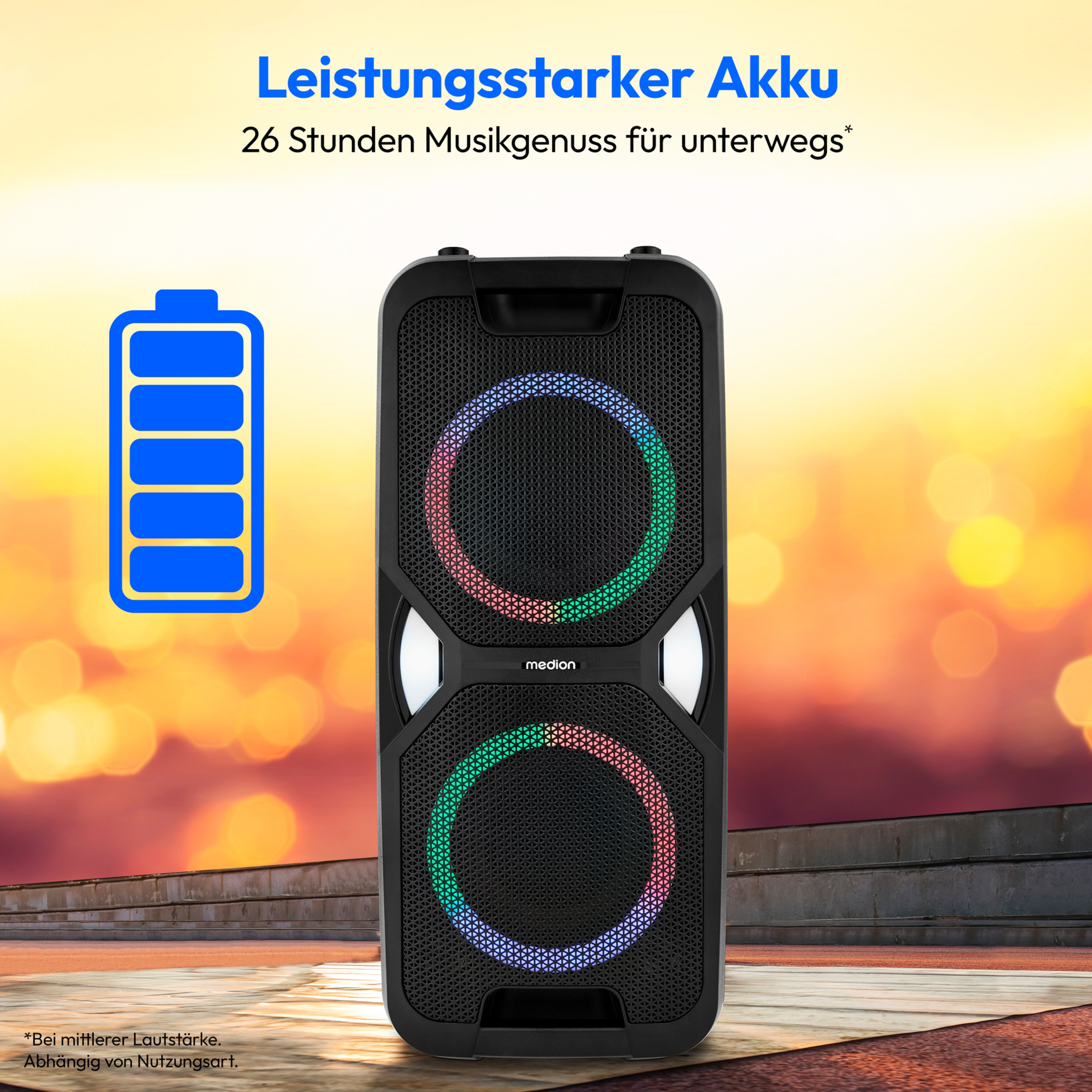 Un altavoz negro con anillos de luz coloridos, un gráfico de batería y texto sobre la duración.