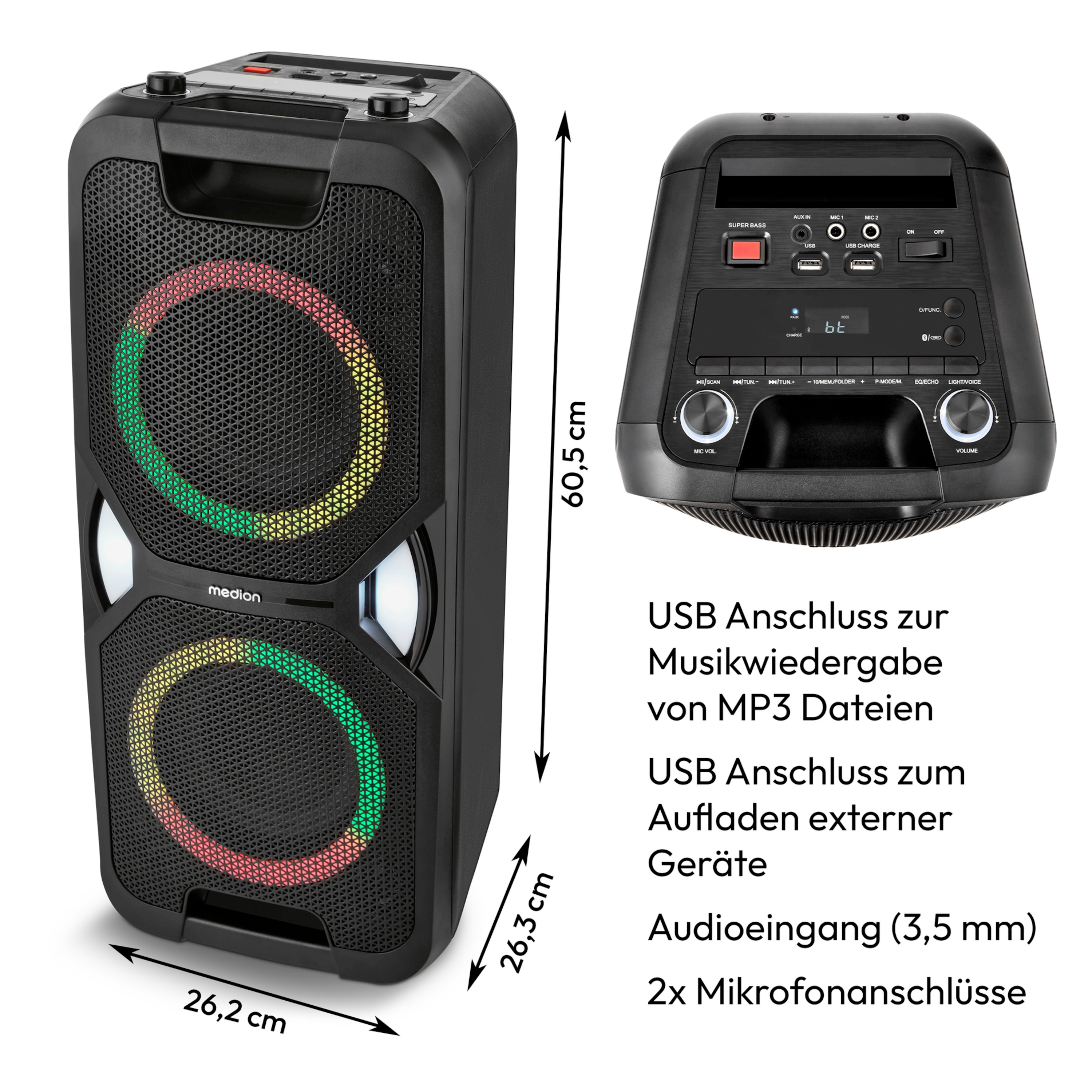 Altavoz negro con luces de colores y funciones. Dimensiones y puertos marcados claramente.
