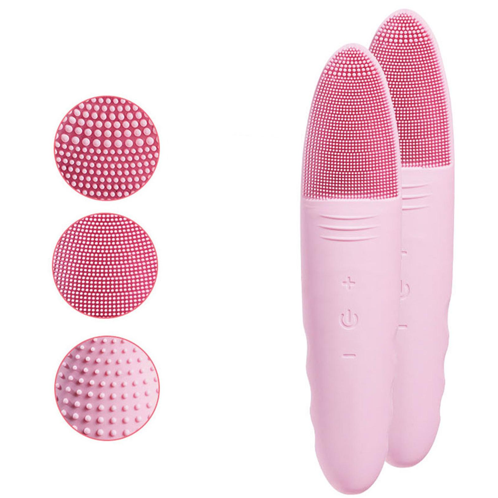 Zwei rosa Gesichtsreinigungsbürsten mit roten strukturierten Oberflächen und drei Nahaufnahmen.