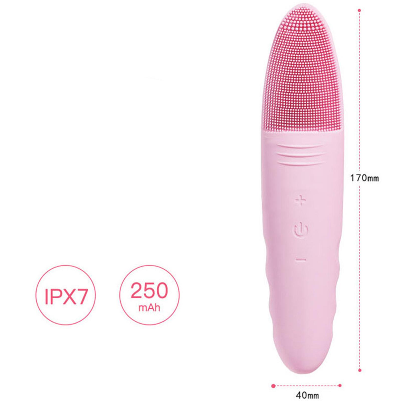 Rosa Gesichtsreinigungsbürste mit Abmessungen und Details von IPX7 und 250mAh angegeben.