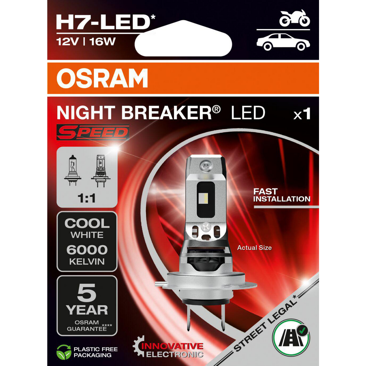 OSRAM H7-LED Scheinwerferbox mit Produktdetails. Weißer Hintergrund.
