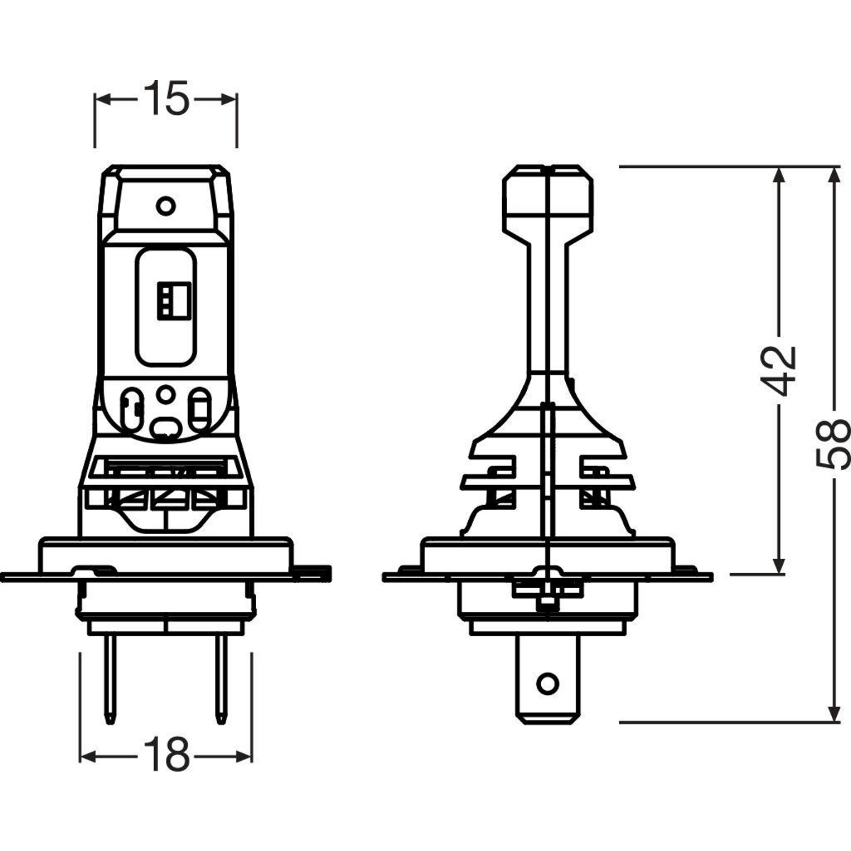 Zwei Diagramme von Autoscheinwerferlampen mit beschrifteten Abmessungen, die die Vorder- und Seitenansicht zeigen.