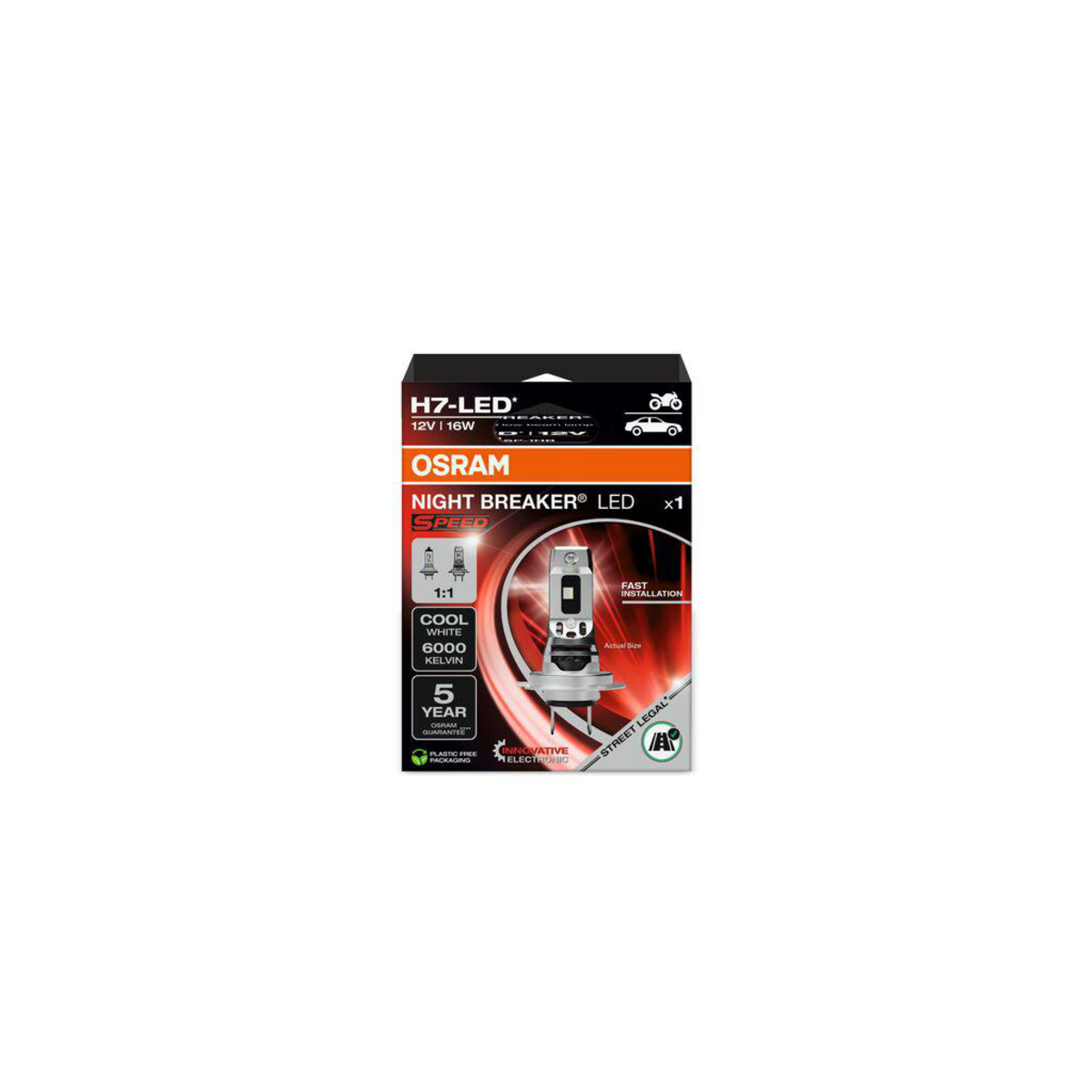 OSRAM H7-LED Scheinwerferbox mit Produktdetails. Weißer Hintergrund.