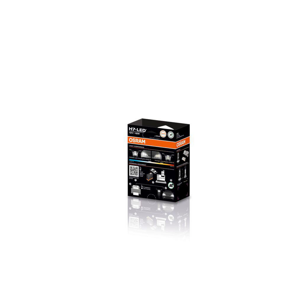 Eine kleine schwarz-orange OSRAM-Box mit einem Bild einer Glühbirne und verschiedenen Symbolen.